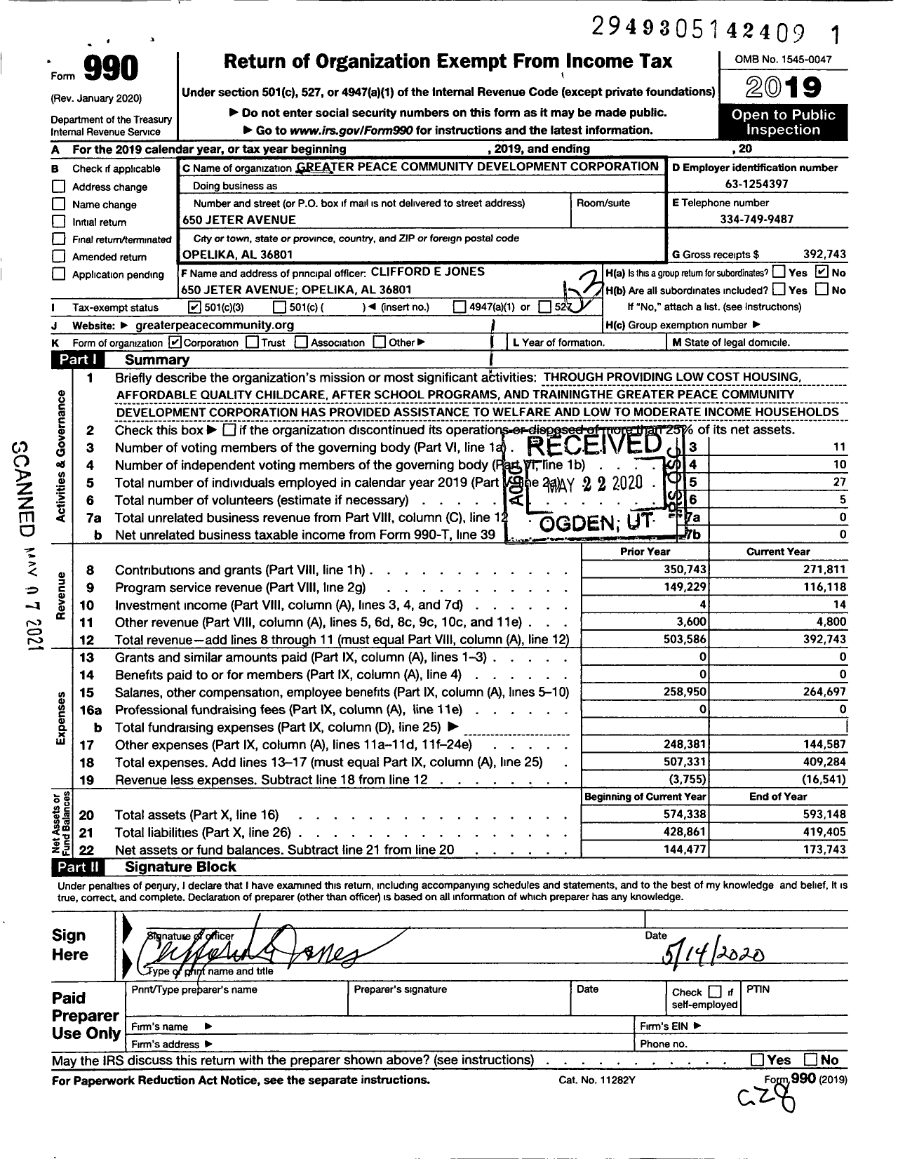 Image of first page of 2019 Form 990 for Greater Peace Community Development Corporation