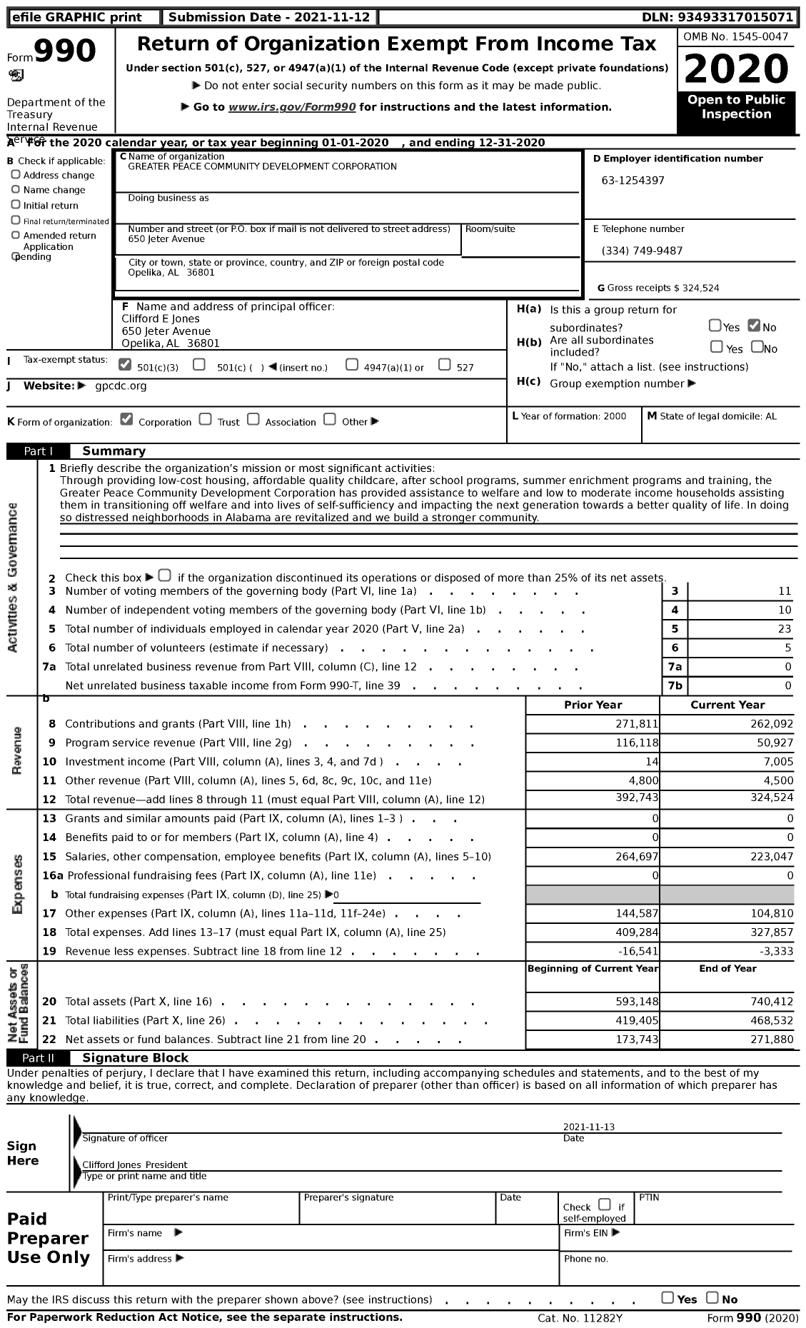 Image of first page of 2020 Form 990 for Greater Peace Community Development Corporation