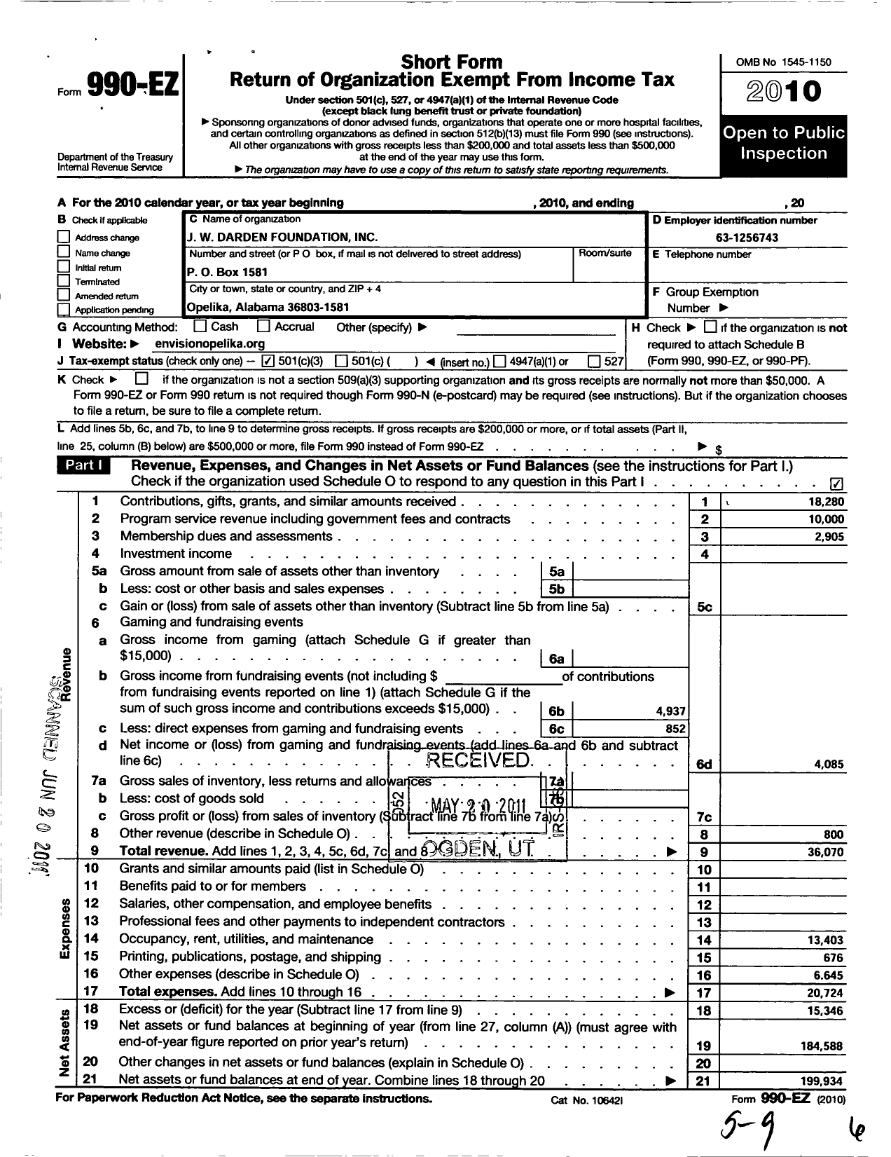 Image of first page of 2010 Form 990EZ for J W Darden Foundation