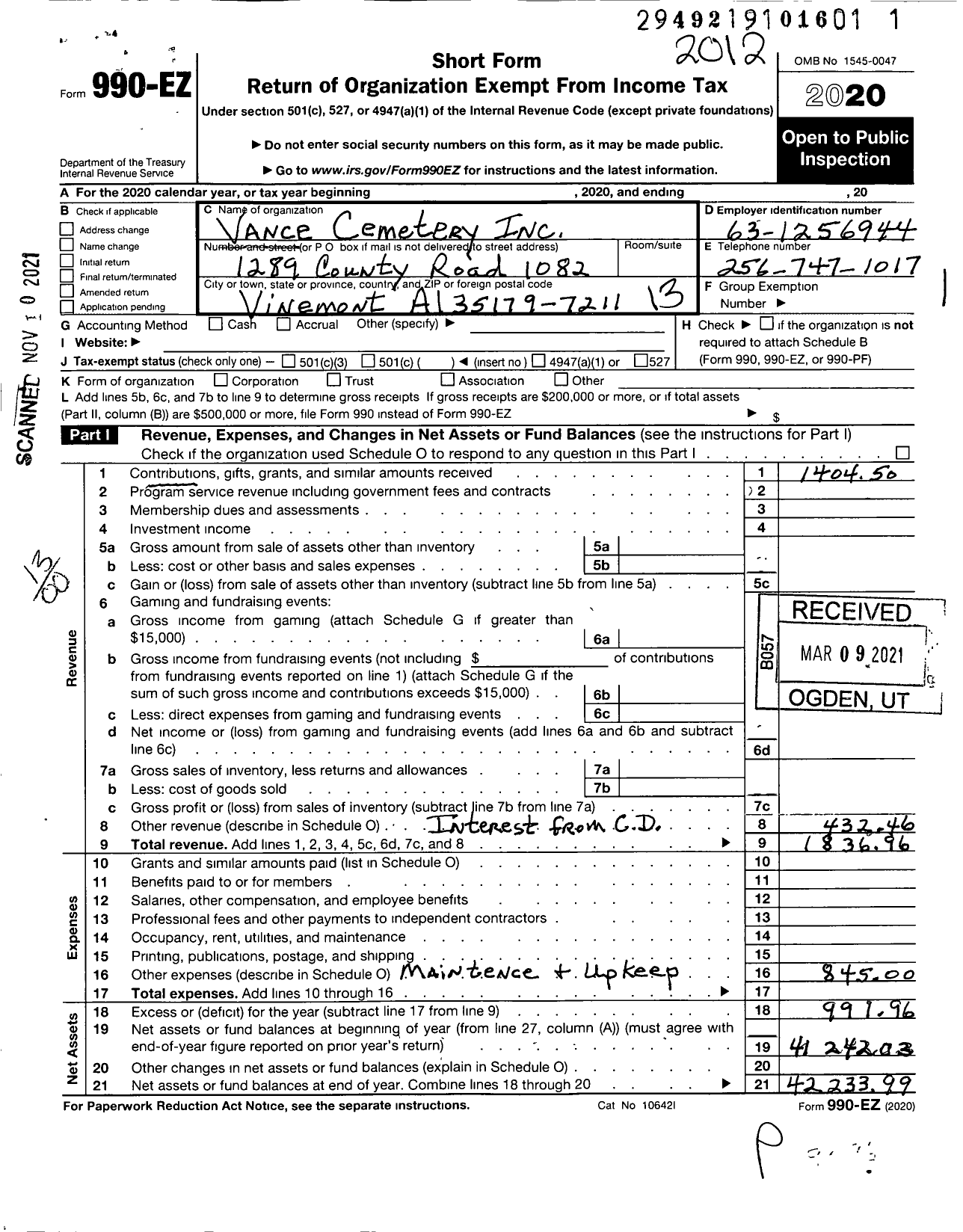 Image of first page of 2020 Form 990EO for Vance Cemetery