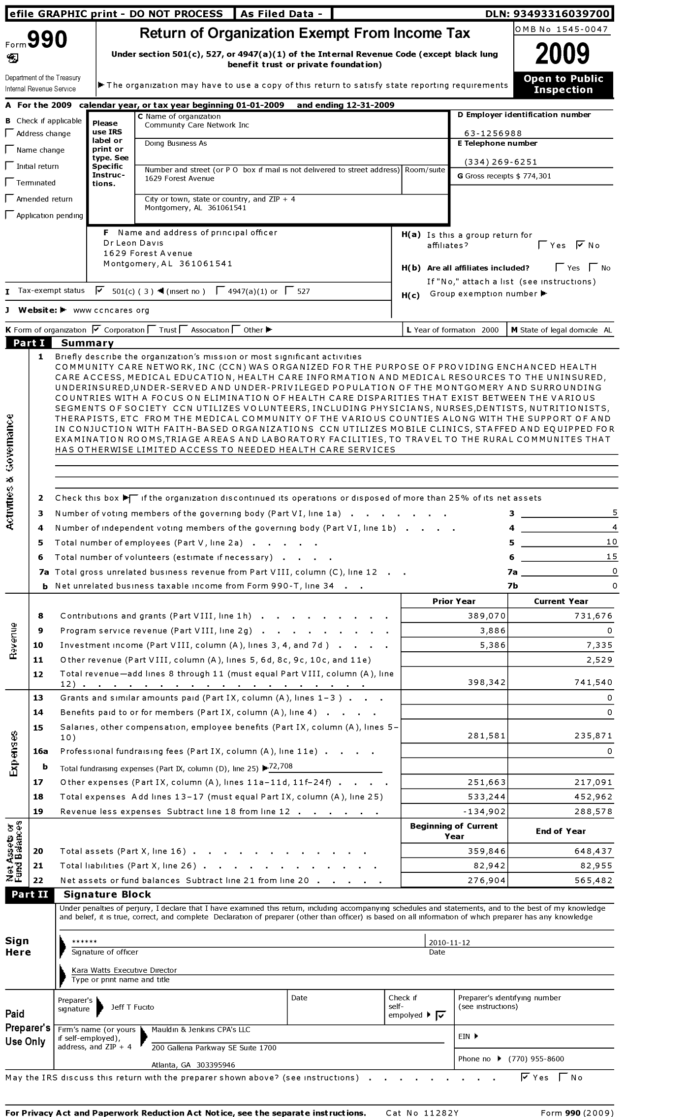 Image of first page of 2009 Form 990 for Community Care Network