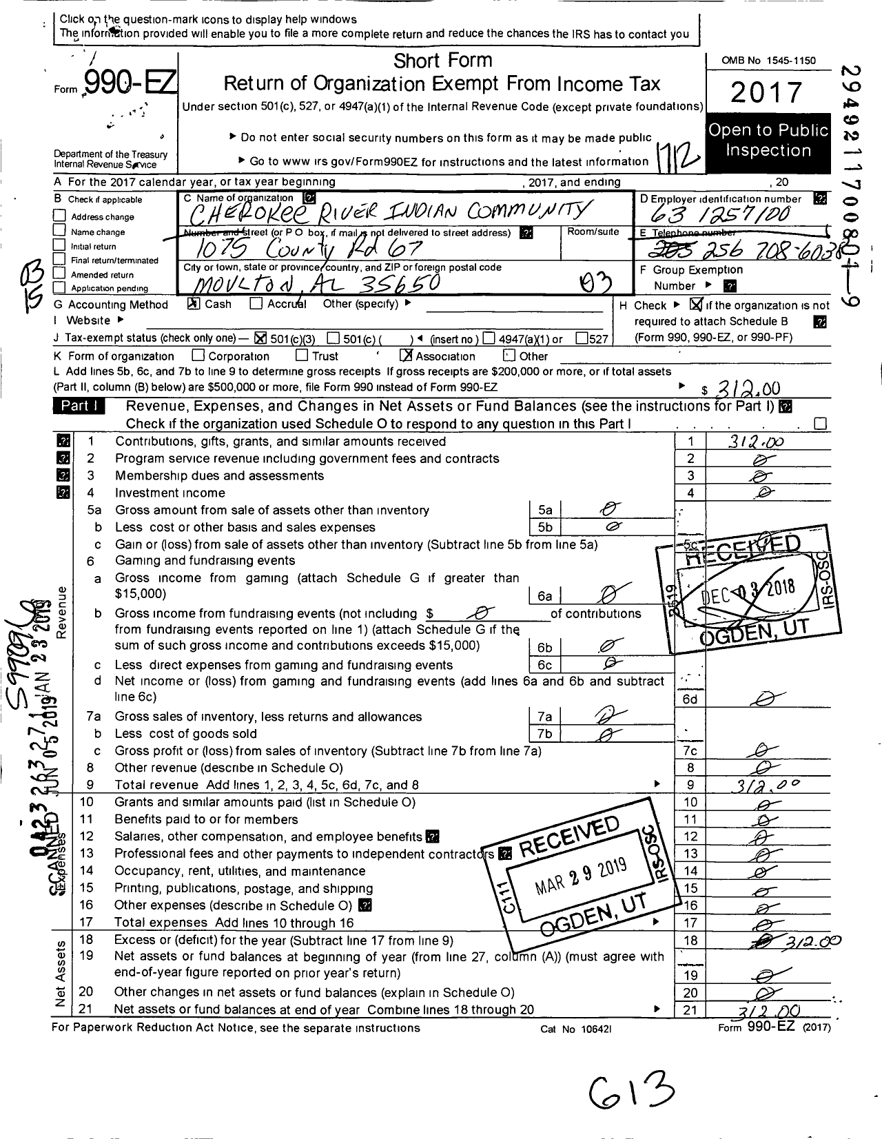 Image of first page of 2017 Form 990EZ for Cherokee River Indian Community