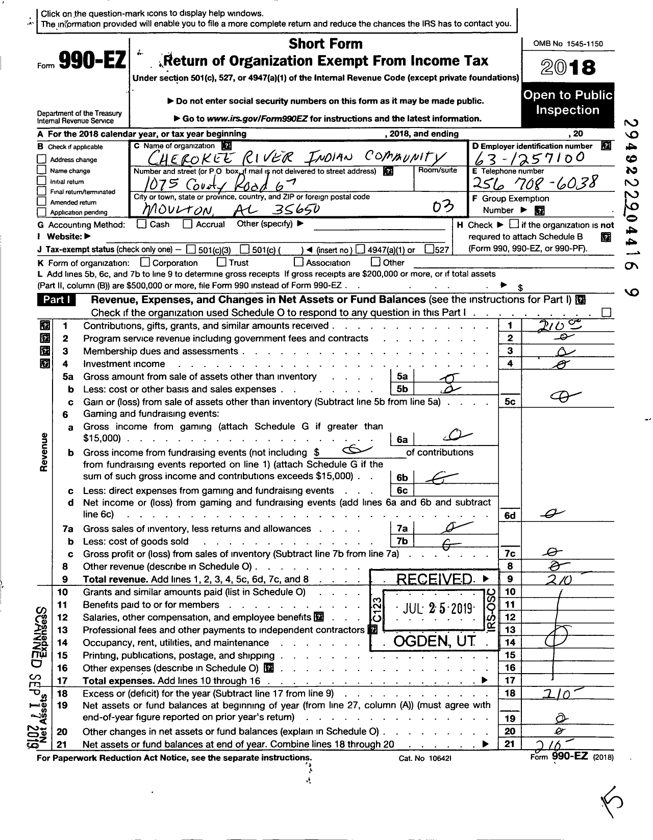 Image of first page of 2018 Form 990EZ for Cherokee River Indian Community