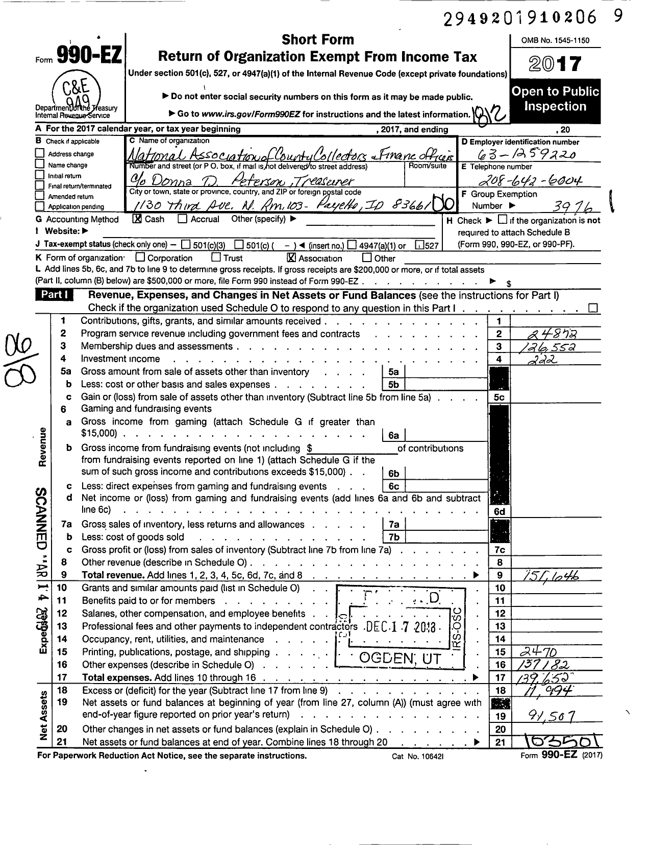 Image of first page of 2018 Form 990EO for National Association of County Treasurers and Finance Officers