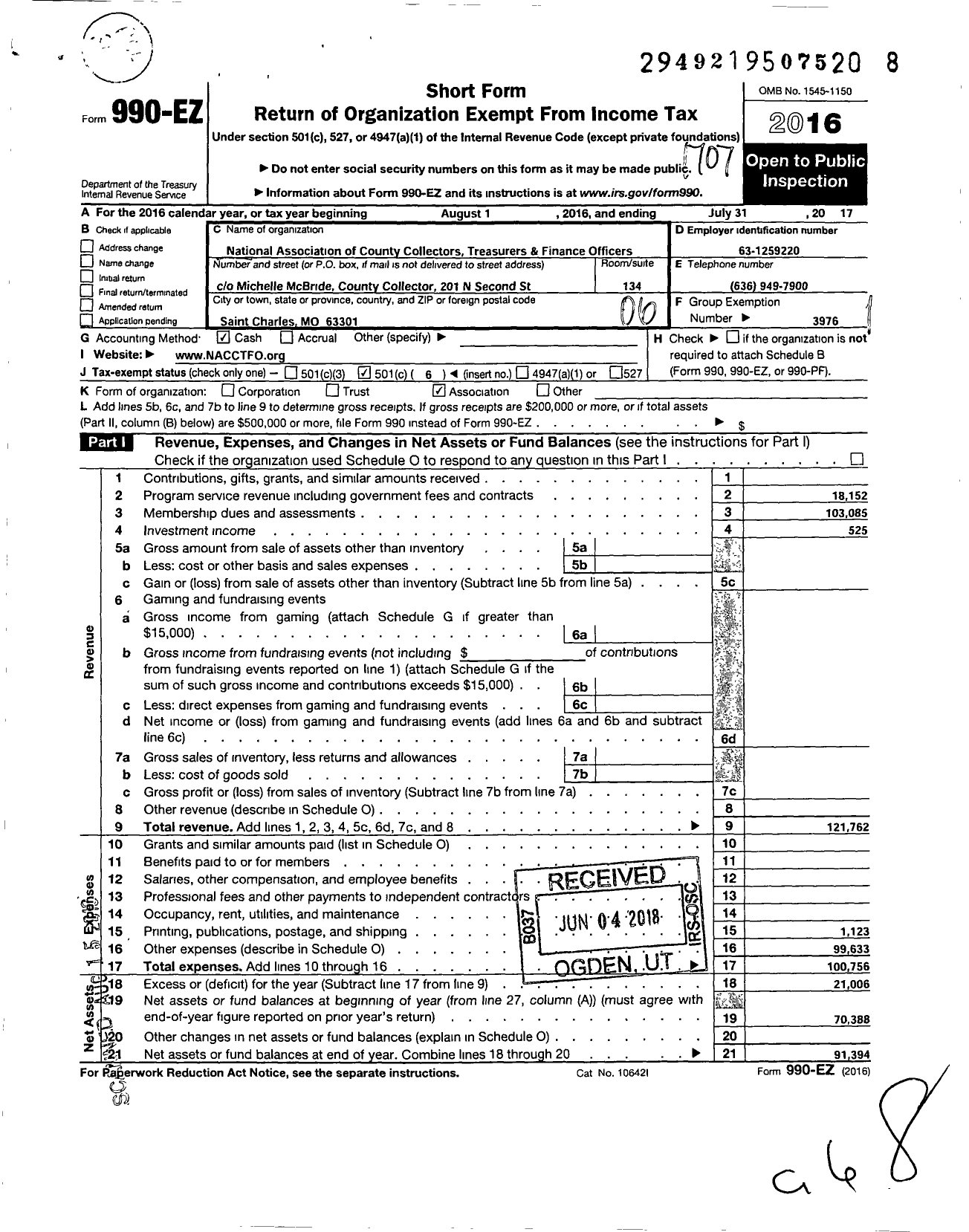 Image of first page of 2016 Form 990EO for National Association of County Treasurers and Finance Officers