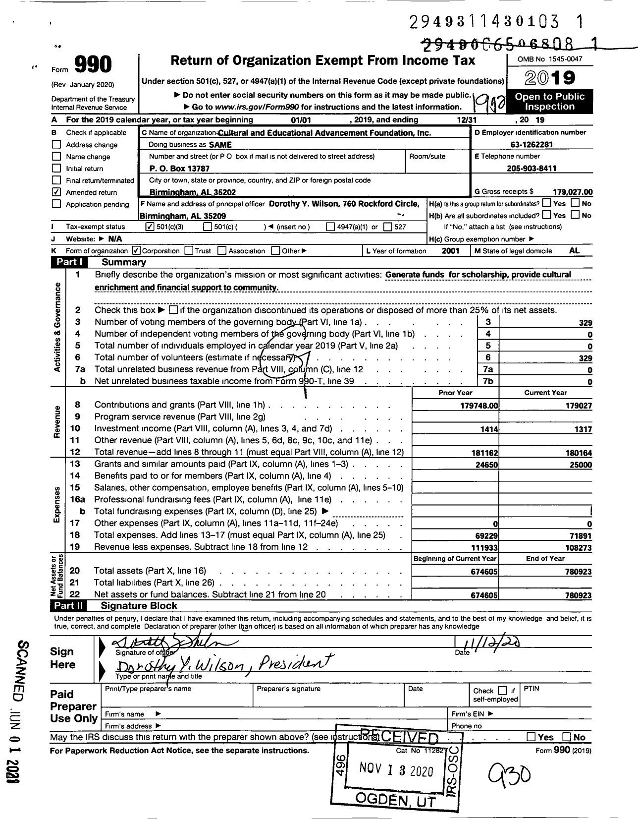 Image of first page of 2019 Form 990 for Cultural and Educational Advancement Foundation Incorporated