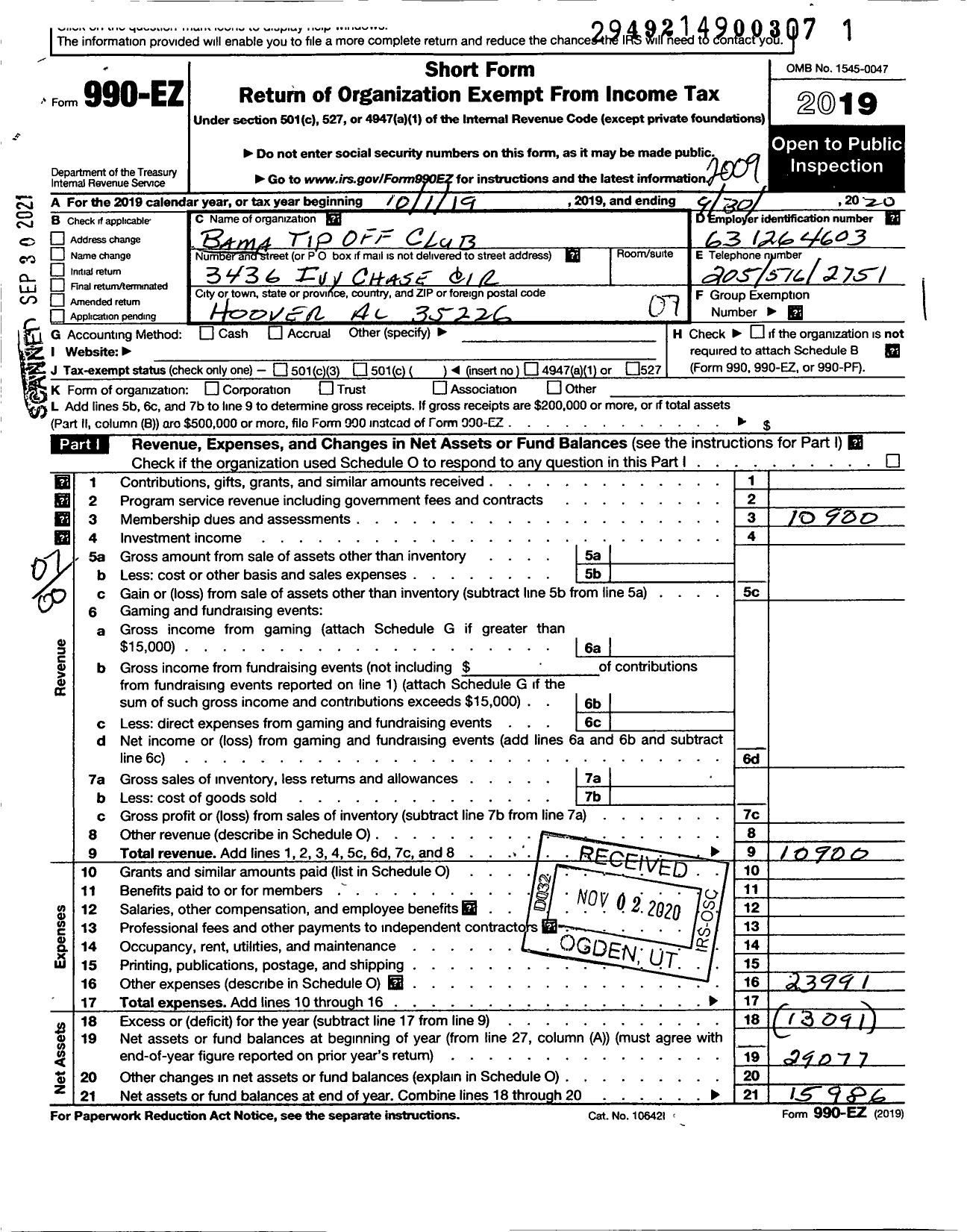 Image of first page of 2019 Form 990EO for Bama Tip-Off Club Off Birmingham