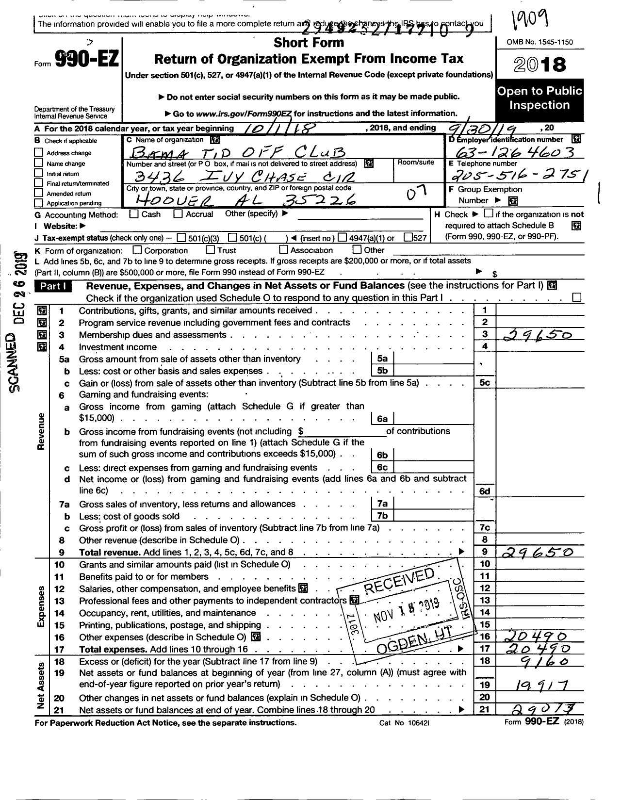 Image of first page of 2018 Form 990EO for Bama Tip-Off Club Off Birmingham