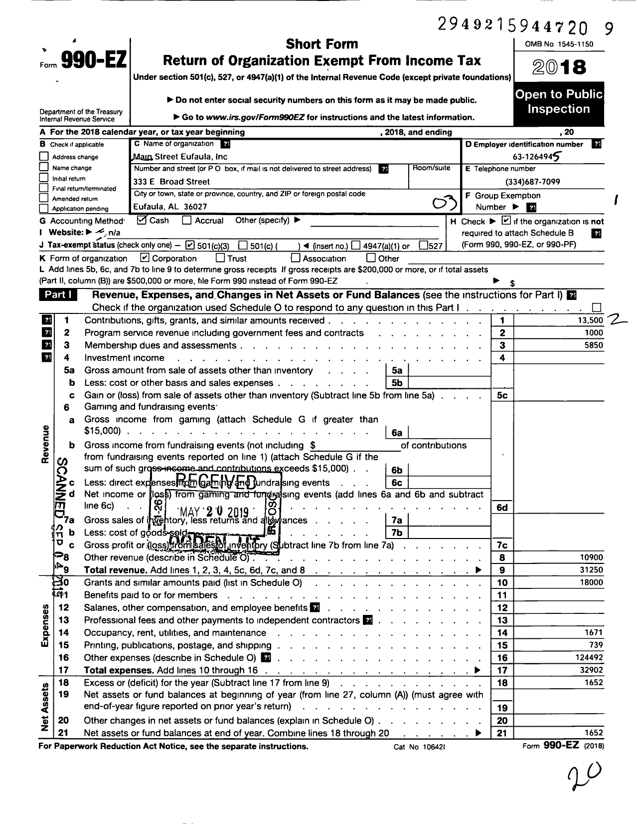 Image of first page of 2018 Form 990EZ for Main Street Eufaula