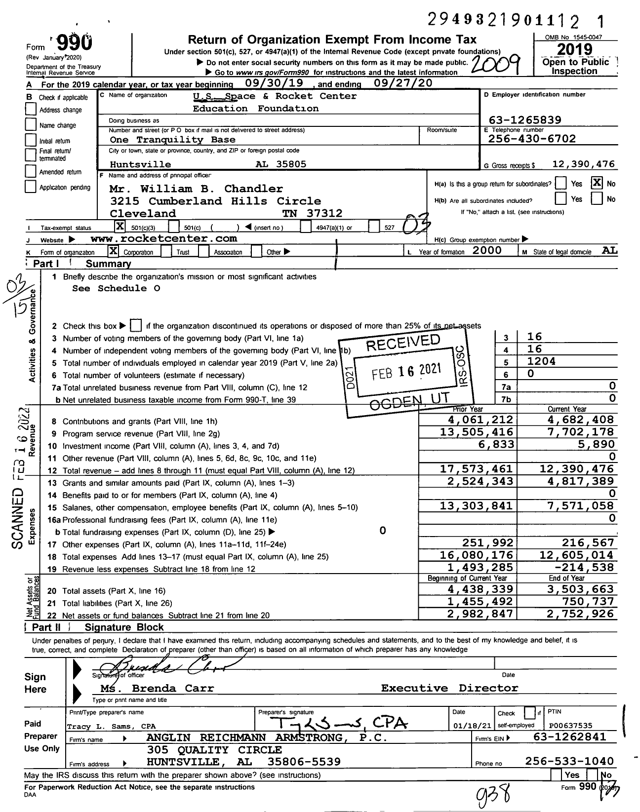 Image of first page of 2019 Form 990 for US Space & Rocket Center Foundation