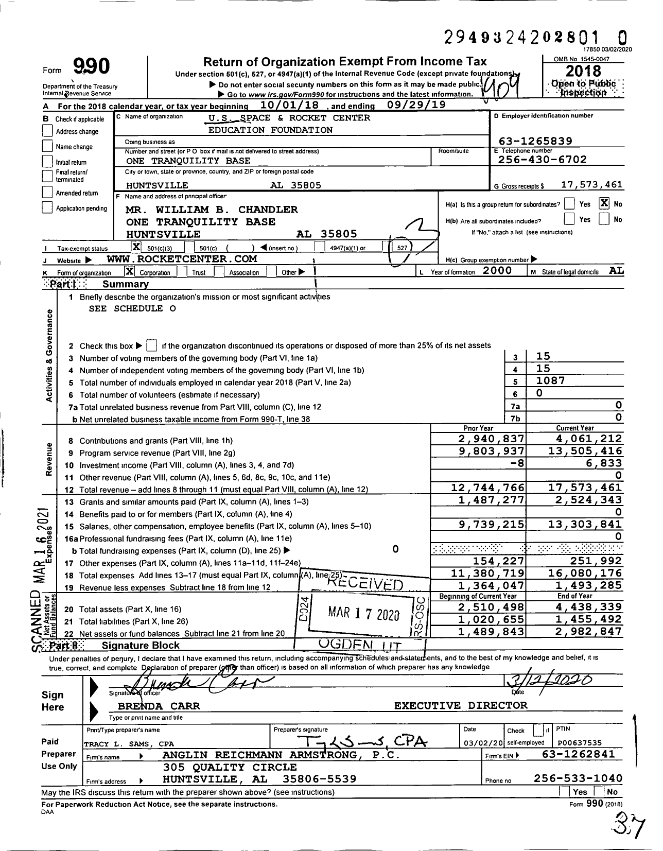 Image of first page of 2018 Form 990 for US Space & Rocket Center Foundation