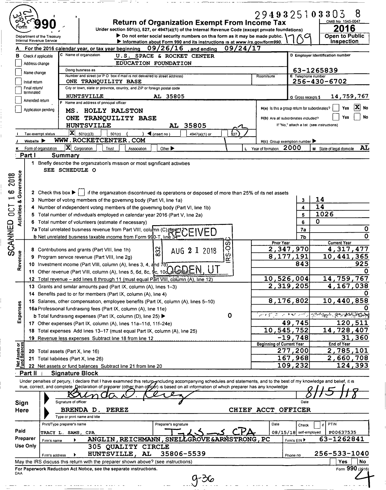 Image of first page of 2016 Form 990 for US Space & Rocket Center Foundation