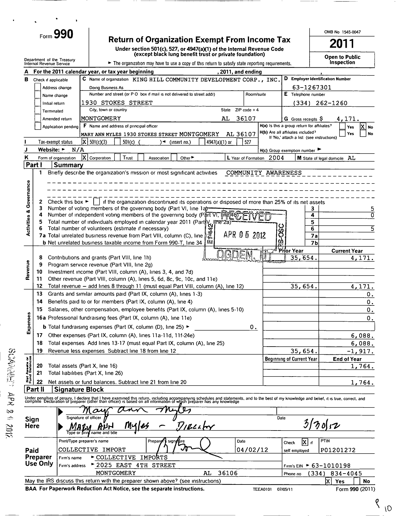 Image of first page of 2011 Form 990 for King Hill Community Development Corporation