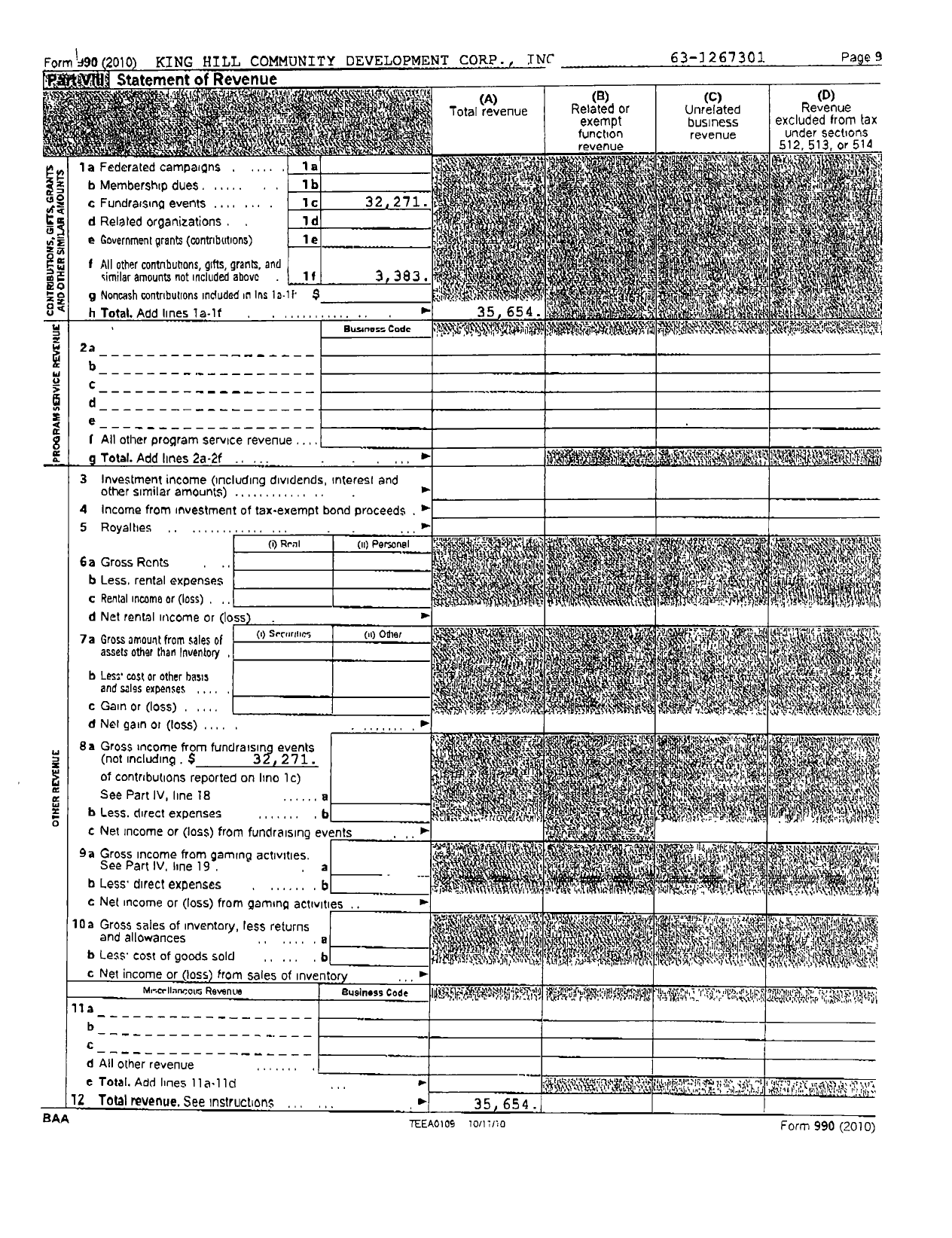 Image of first page of 2010 Form 990R for King Hill Community Development Corporation