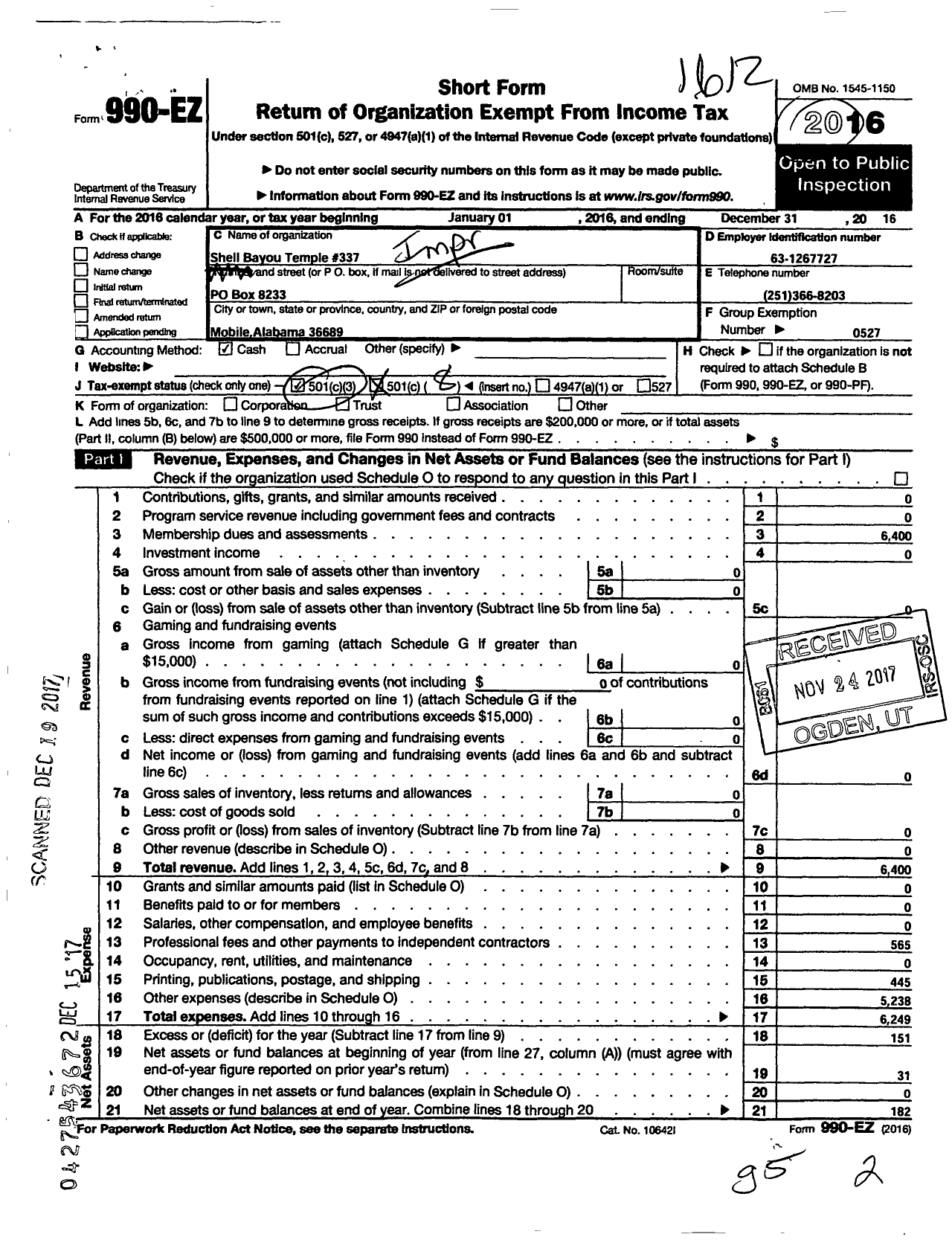 Image of first page of 2016 Form 990EO for Improved Benevolent and Protective Order of Elks of the World - 337 Shell Bayou Temple