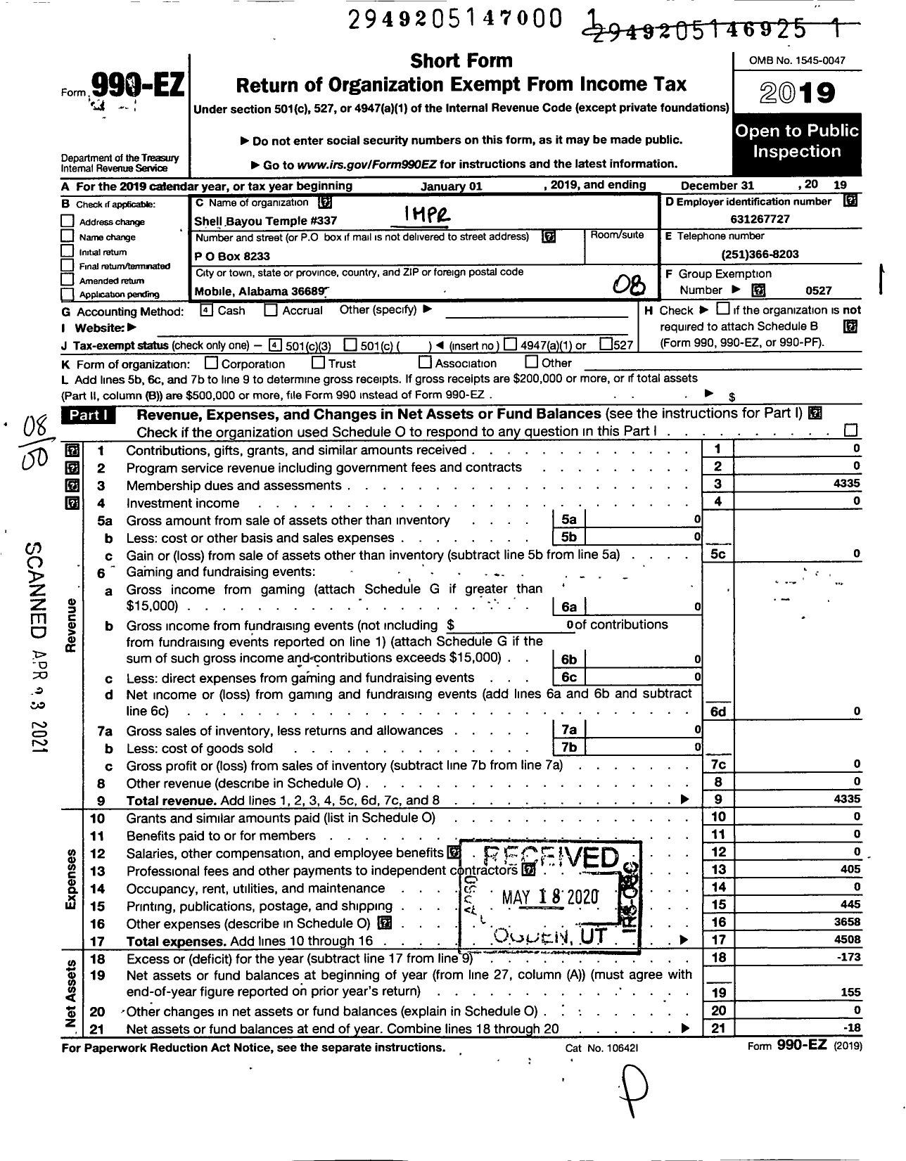 Image of first page of 2019 Form 990EO for Improved Benevolent and Protective Order of Elks of the World - 337 Shell Bayou Temple