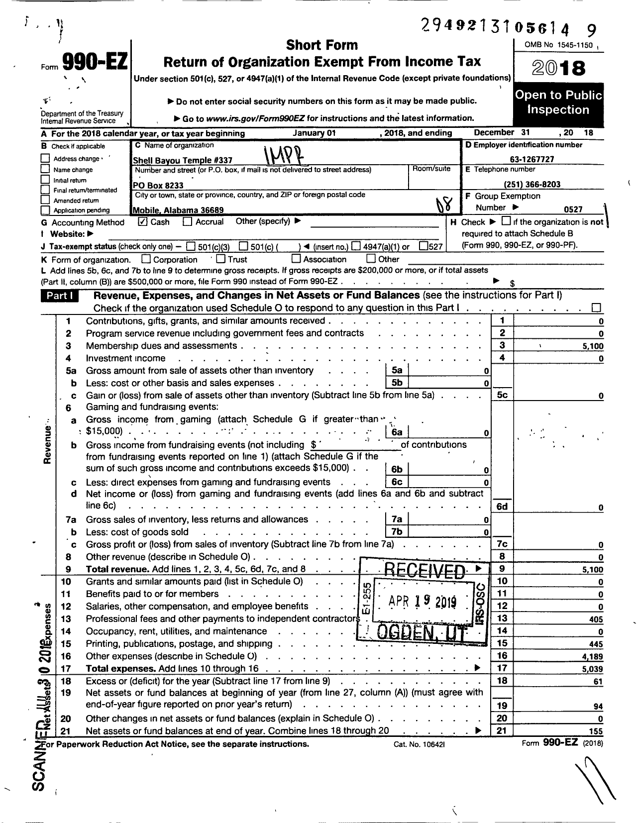 Image of first page of 2018 Form 990EO for Improved Benevolent and Protective Order of Elks of the World - 337 Shell Bayou Temple