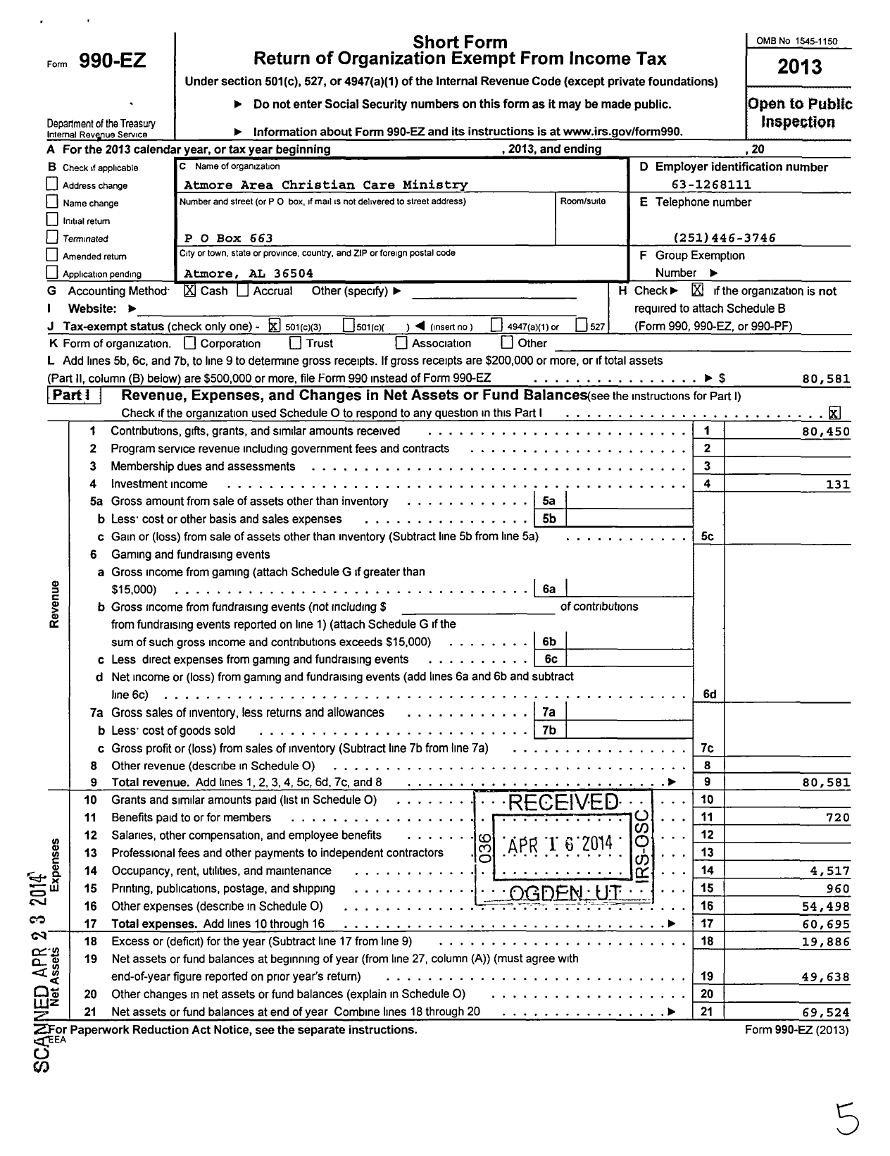 Image of first page of 2013 Form 990EZ for Atmore Area Christian Care Ministry