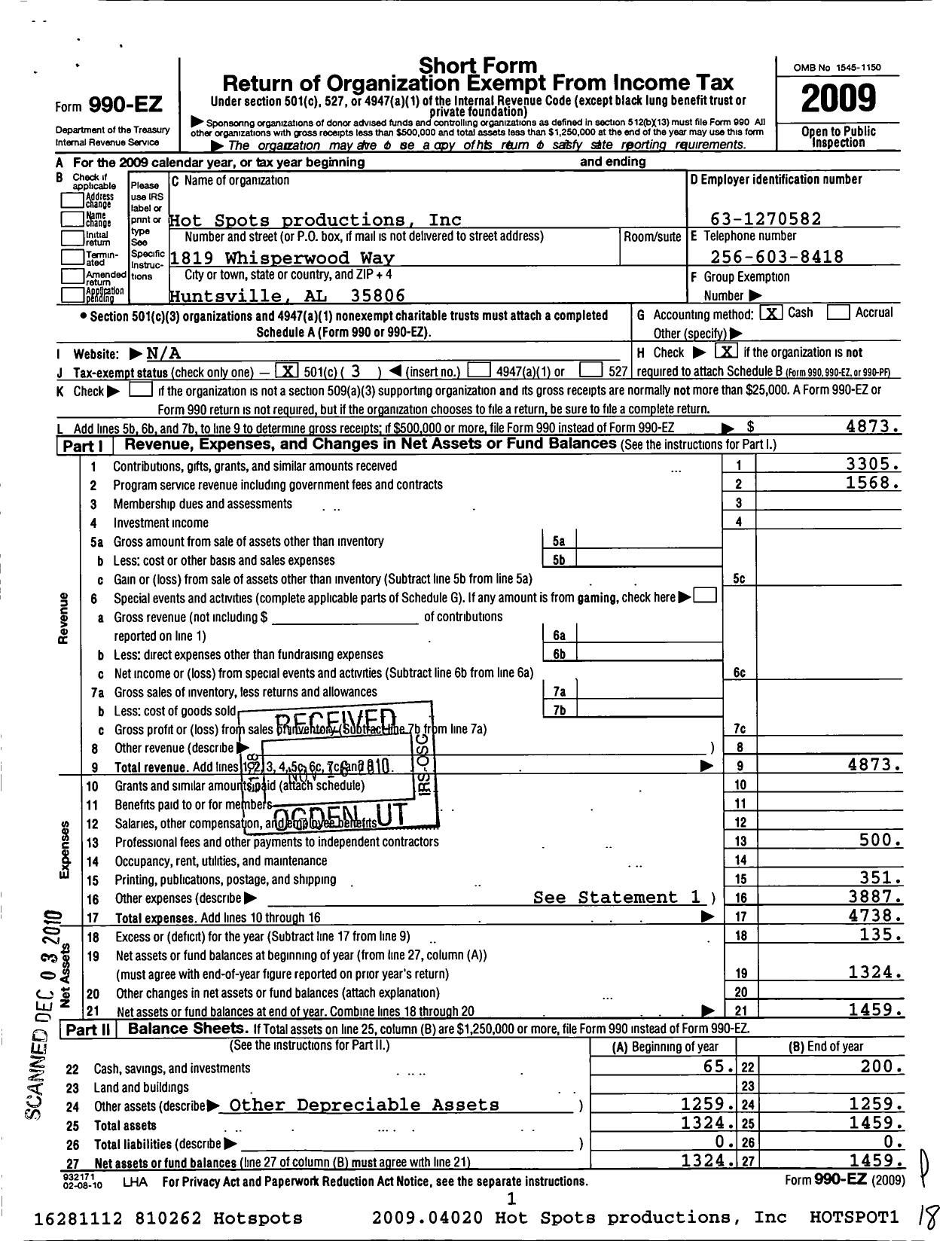 Image of first page of 2009 Form 990EZ for Hot Spot Productions