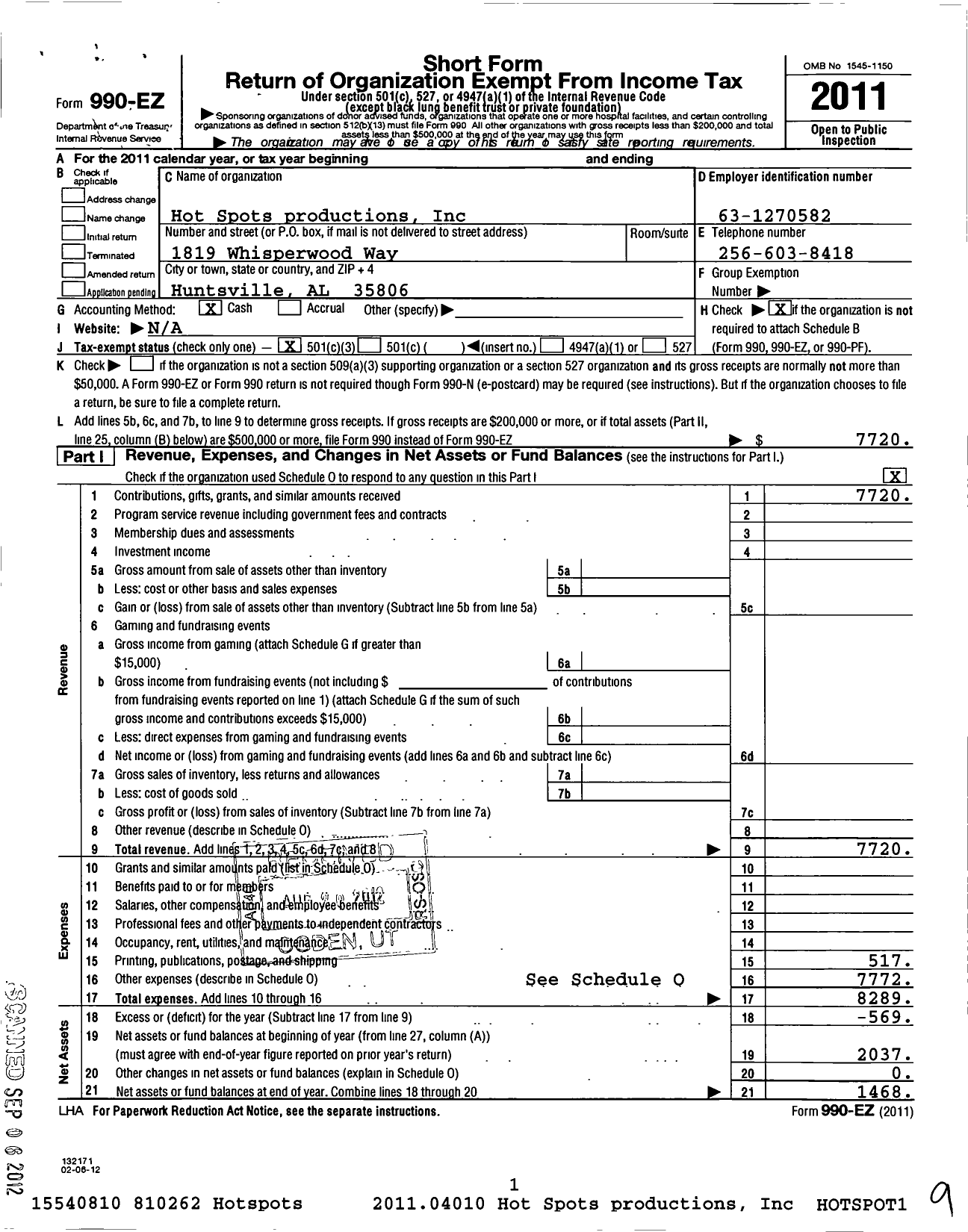 Image of first page of 2011 Form 990EZ for Hot Spot Productions