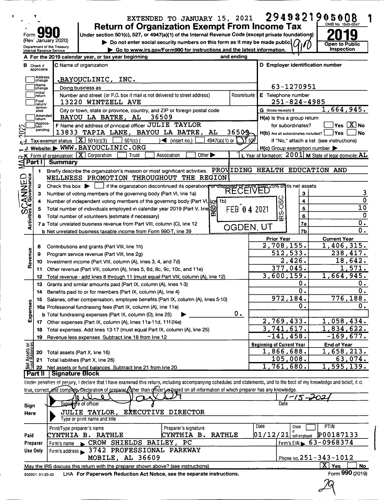 Image of first page of 2019 Form 990 for Bayouclinic