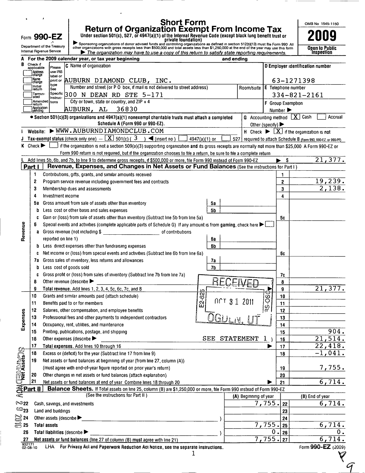 Image of first page of 2009 Form 990EZ for Auburn Diamond Club