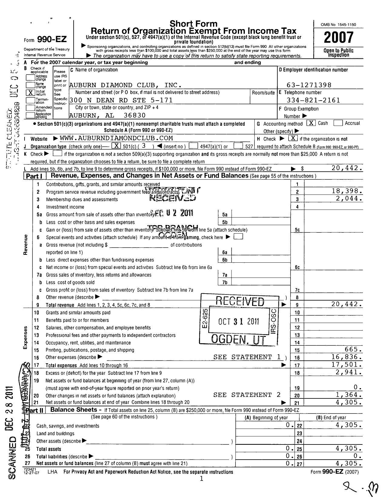 Image of first page of 2007 Form 990EZ for Auburn Diamond Club