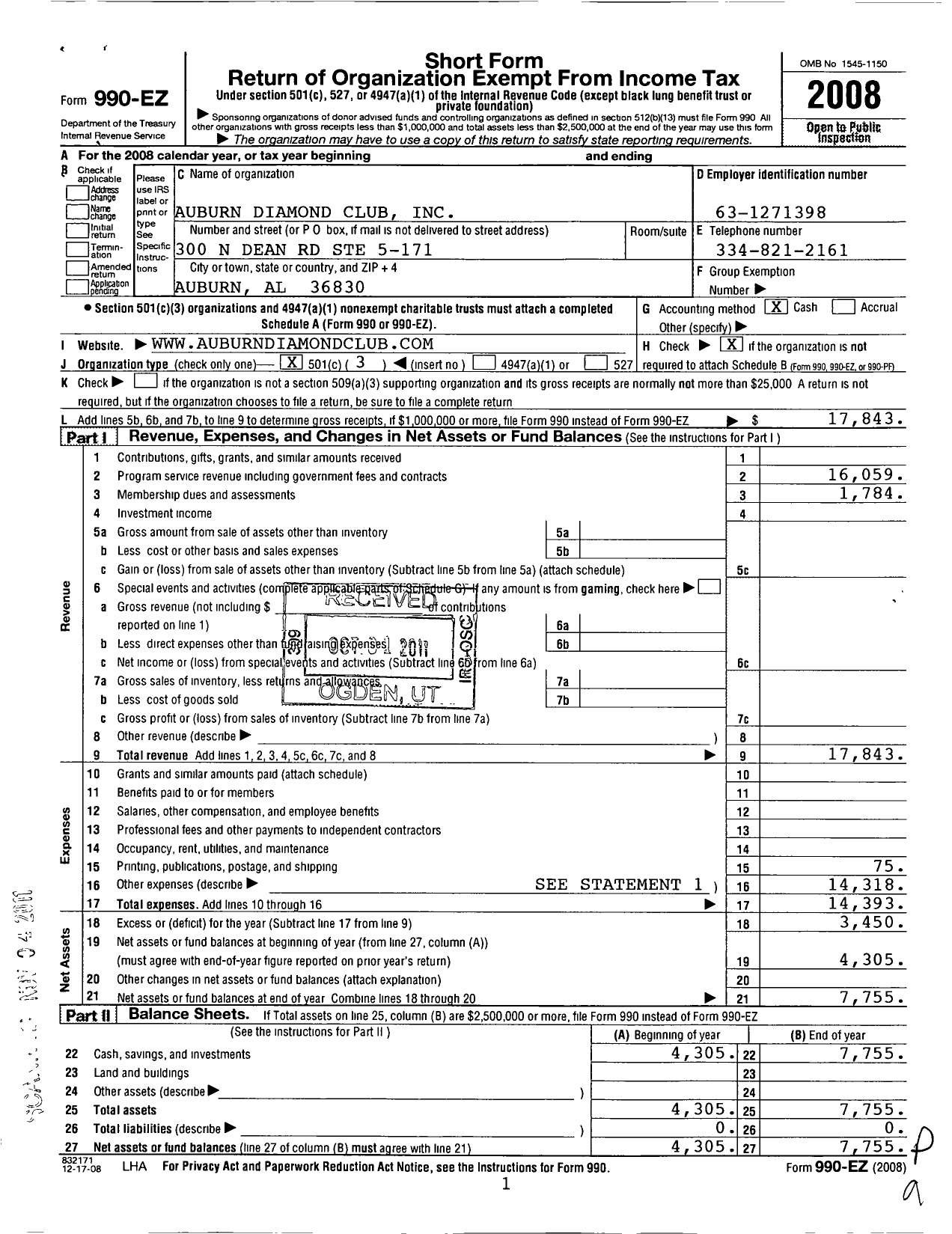 Image of first page of 2008 Form 990EZ for Auburn Diamond Club