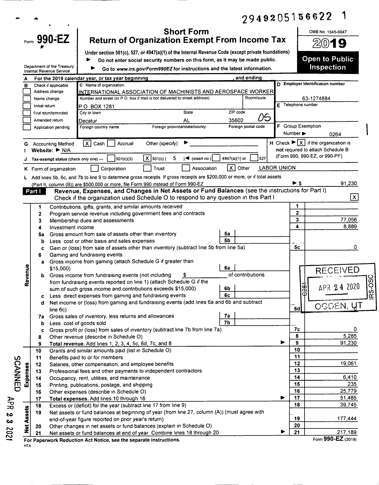 Image of first page of 2019 Form 990EO for International Association of Machinists and Aerospace Workers - 44 Local Lodge