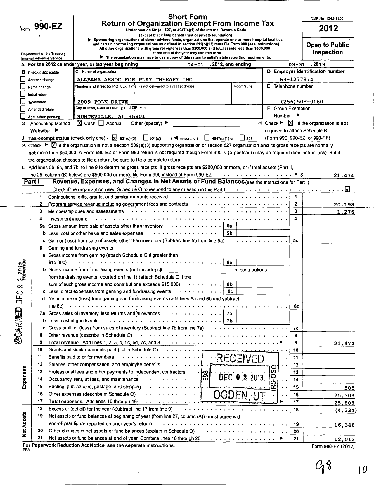 Image of first page of 2012 Form 990EZ for Alabama Association for Play Therapy (AAPT)