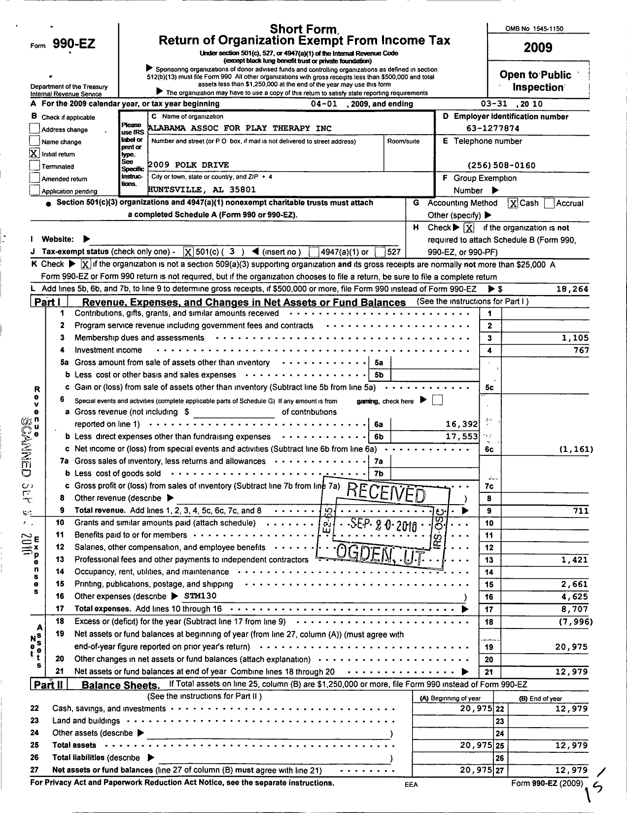 Image of first page of 2009 Form 990EZ for Alabama Association for Play Therapy (AAPT)