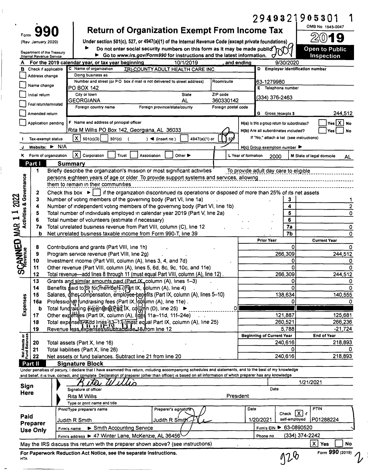 Image of first page of 2019 Form 990 for Tri-County Adult Health Care Center