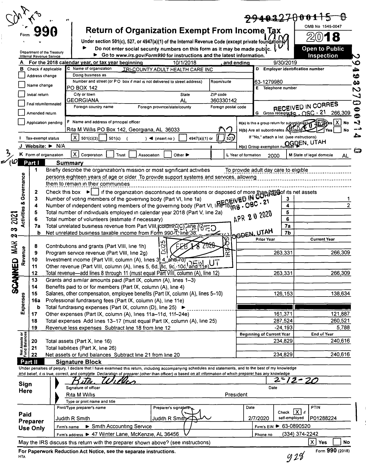 Image of first page of 2018 Form 990 for Tri-County Adult Health Care Center