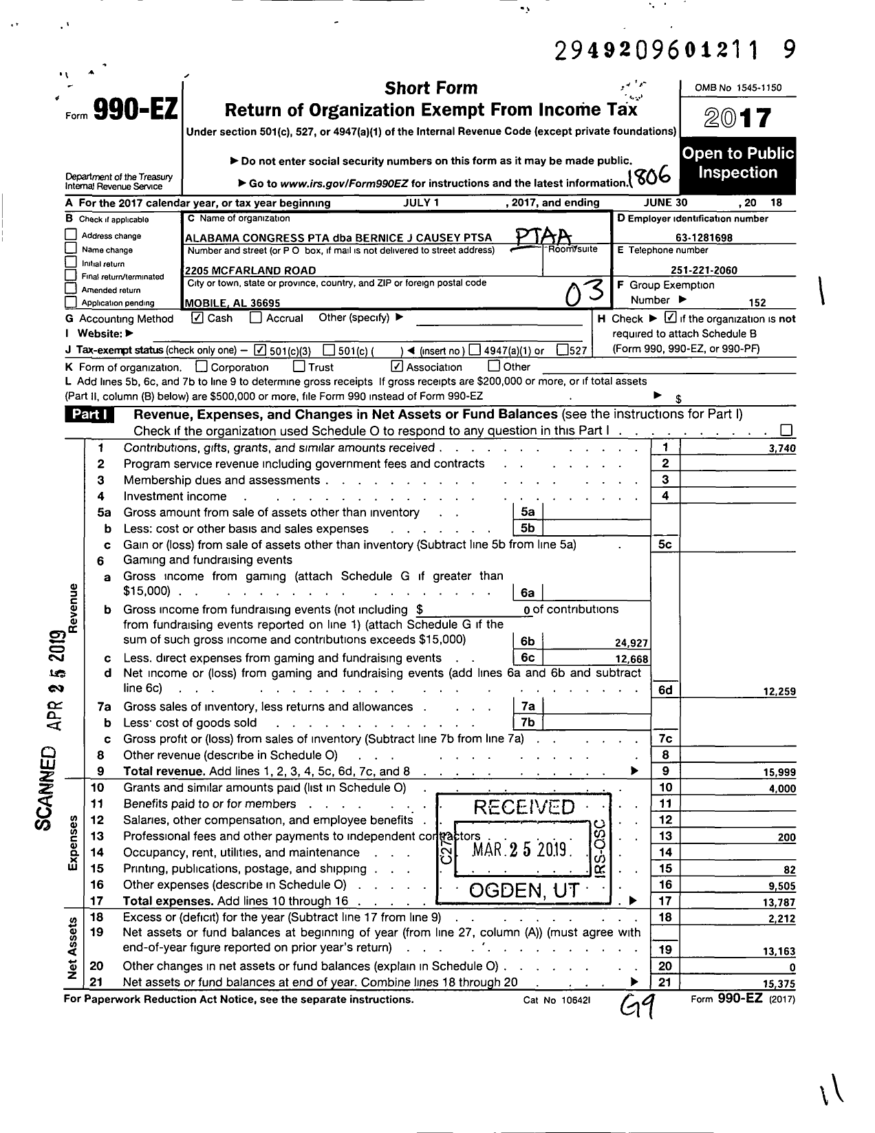 Image of first page of 2017 Form 990EZ for PTA Alabama Congress / Bernice J Causey Ptsa