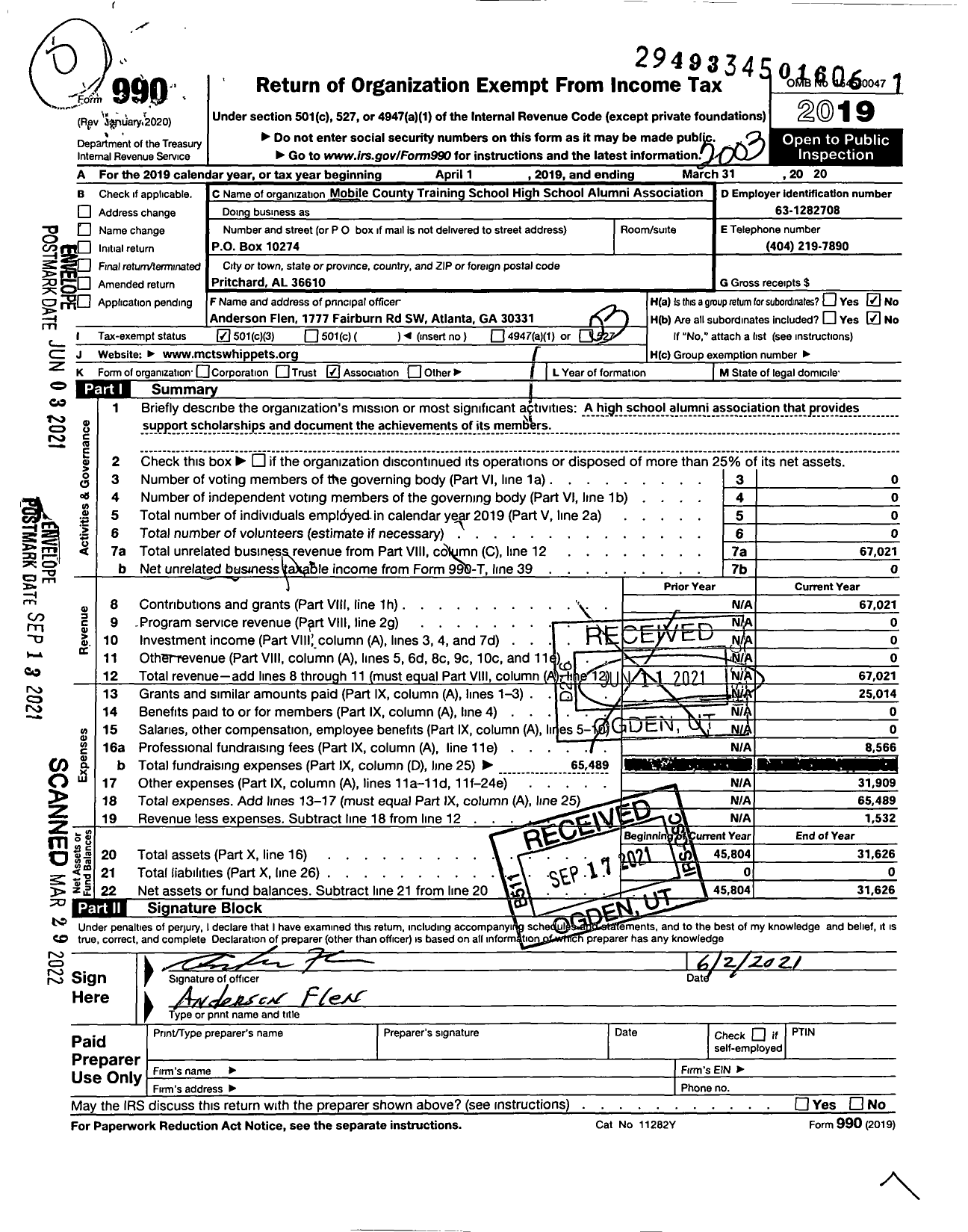 Image of first page of 2019 Form 990 for Mobile County Training School High School Alumni Association