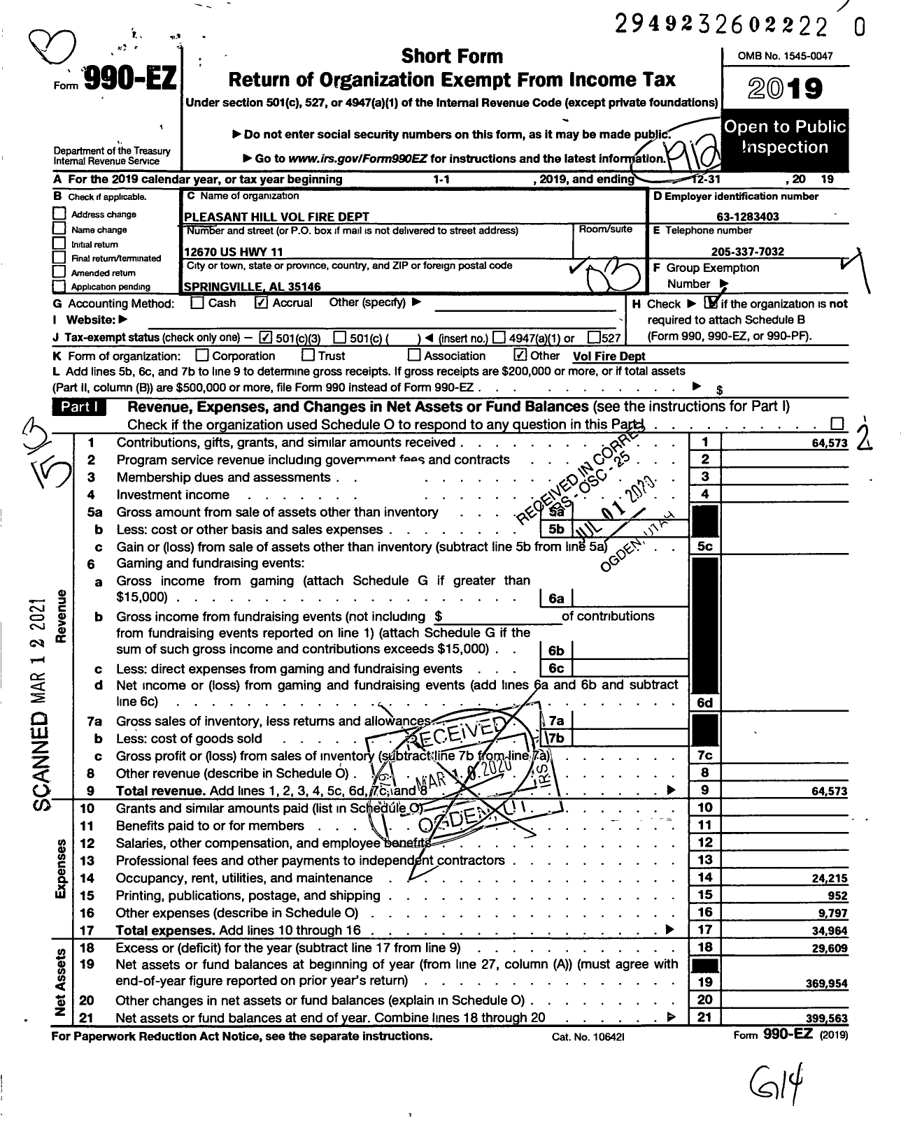 Image of first page of 2019 Form 990EZ for Pleasant Hill Volunteer Fire Dept