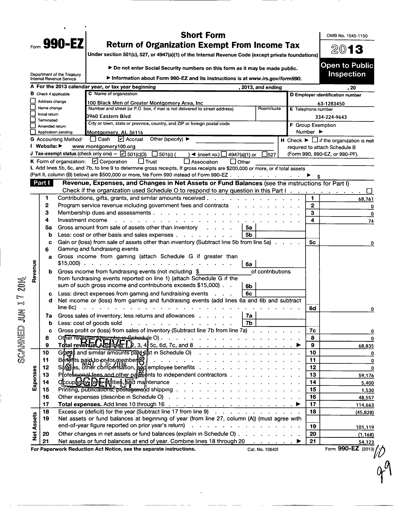 Image of first page of 2013 Form 990EZ for 100 Black Men Greater Montgomery Area