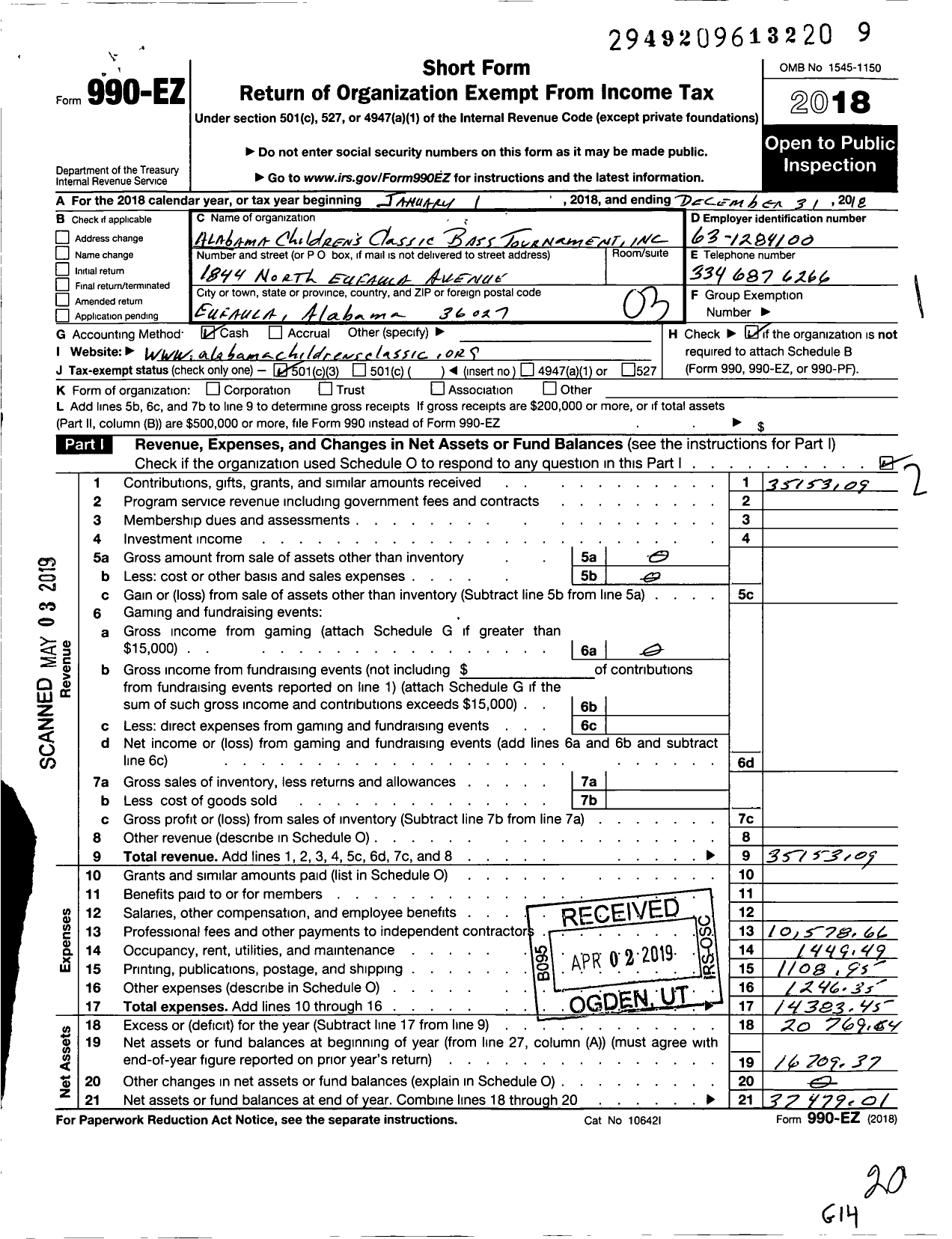 Image of first page of 2018 Form 990EZ for Alabama Children's Classic Bass Tournament