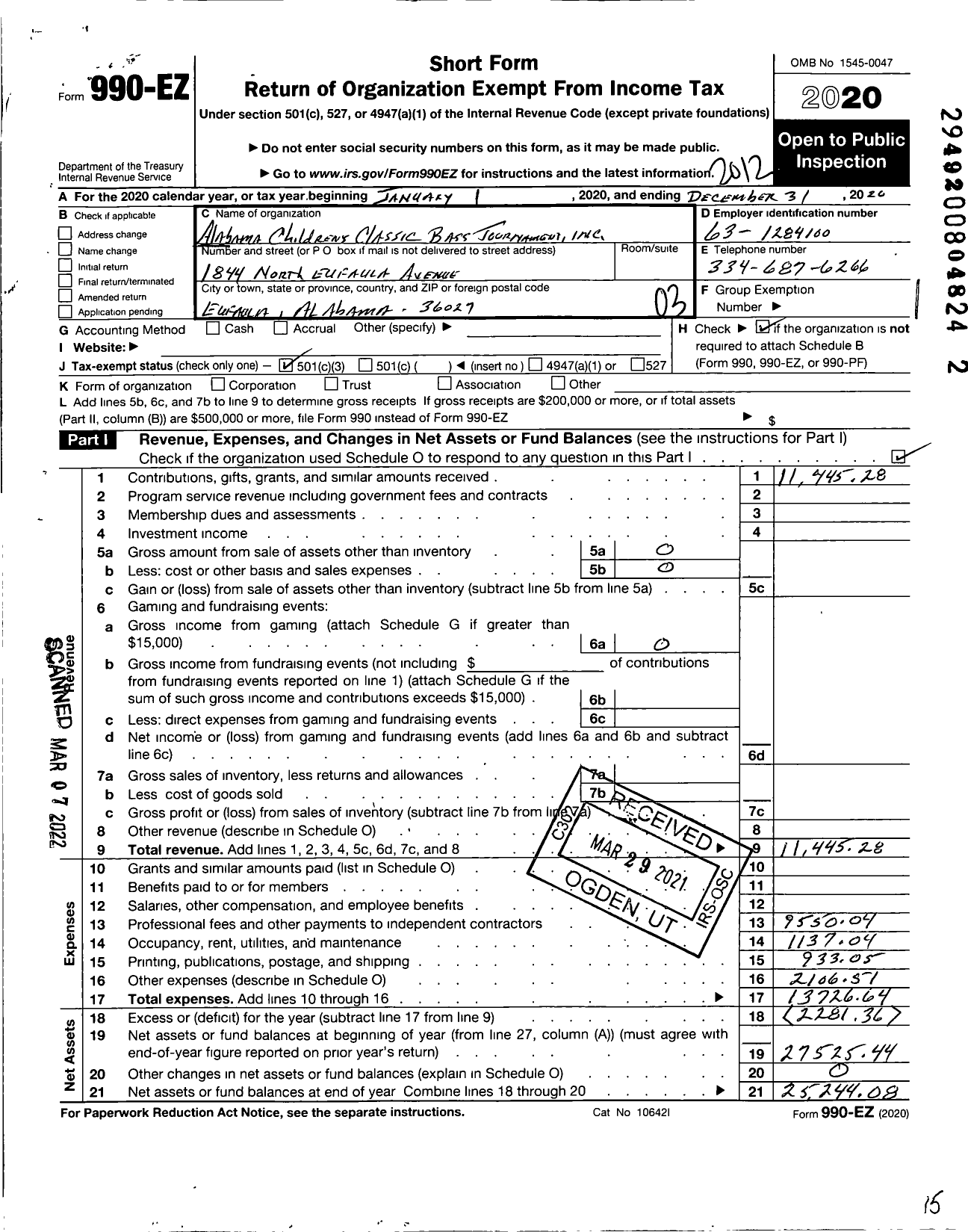 Image of first page of 2020 Form 990EZ for Alabama Children's Classic Bass Tournament