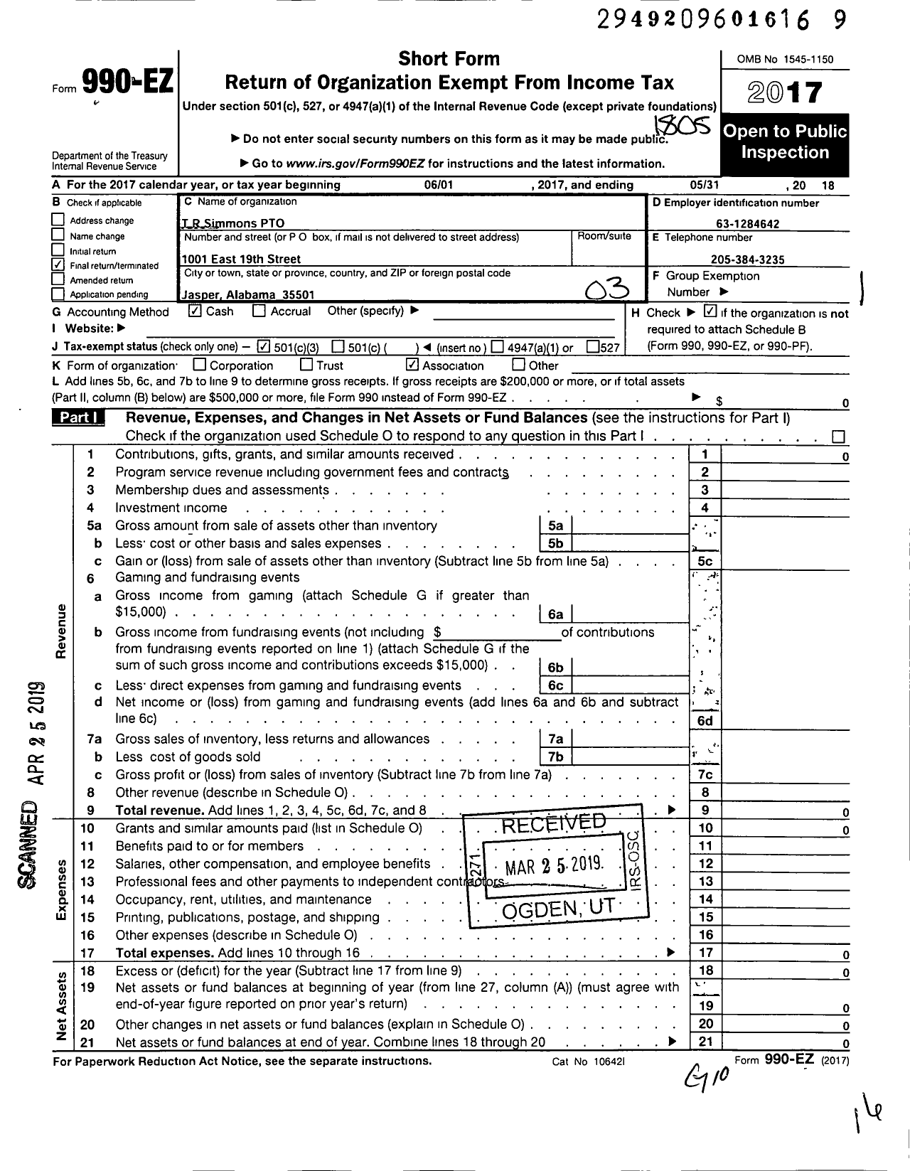 Image of first page of 2017 Form 990EZ for T R Simmons Pto