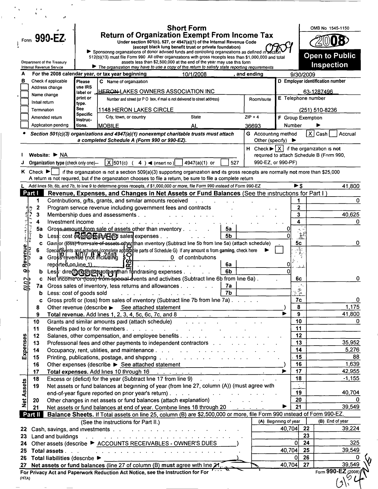 Image of first page of 2008 Form 990EO for Heron Lakes Owners Association