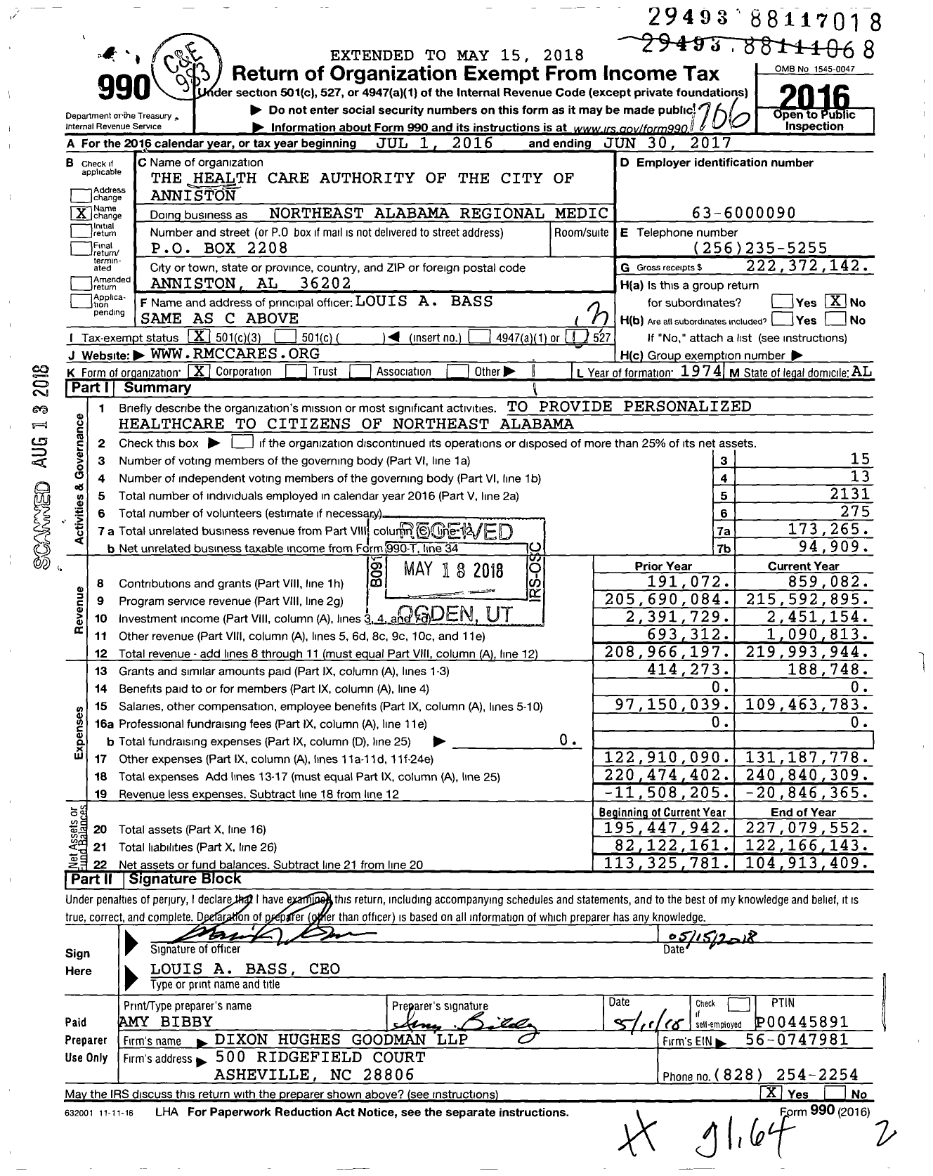 Image of first page of 2016 Form 990 for Northeast Alabama Regional Medical Center (RMC)