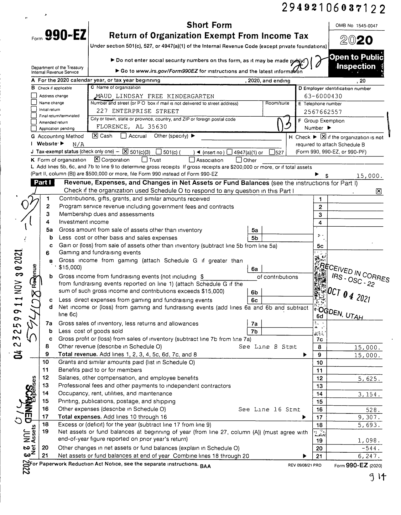 Image of first page of 2020 Form 990EZ for Maud Lindsay Free Kindergarten
