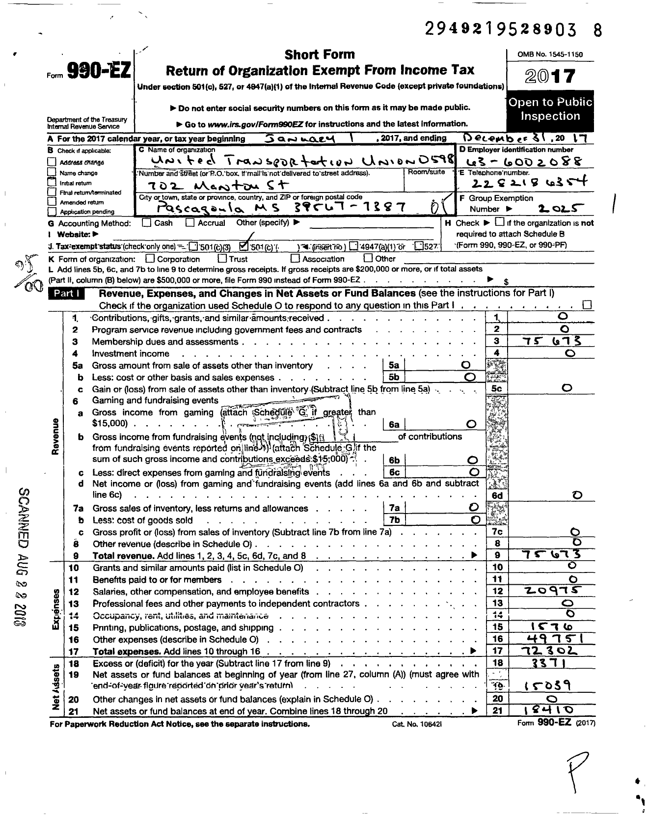 Image of first page of 2017 Form 990EO for Smart Union - 598 TD