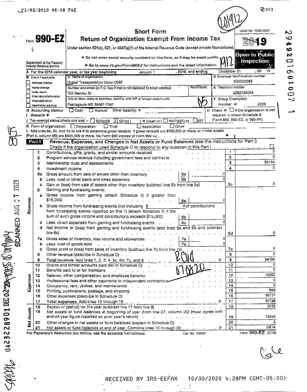 Image of first page of 2019 Form 990EO for Smart Union - 598 TD