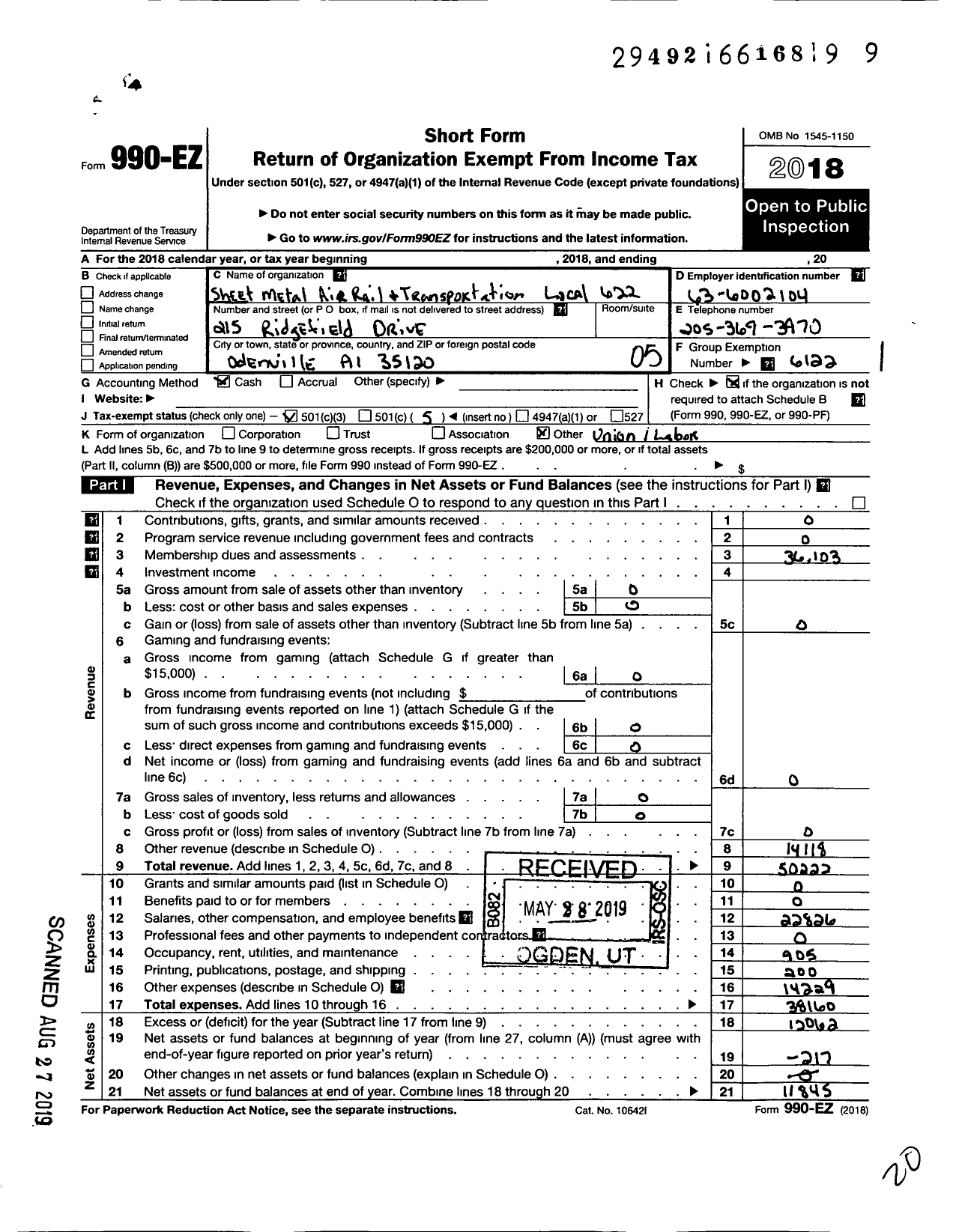 Image of first page of 2018 Form 990EO for Smart Union - 622 TD