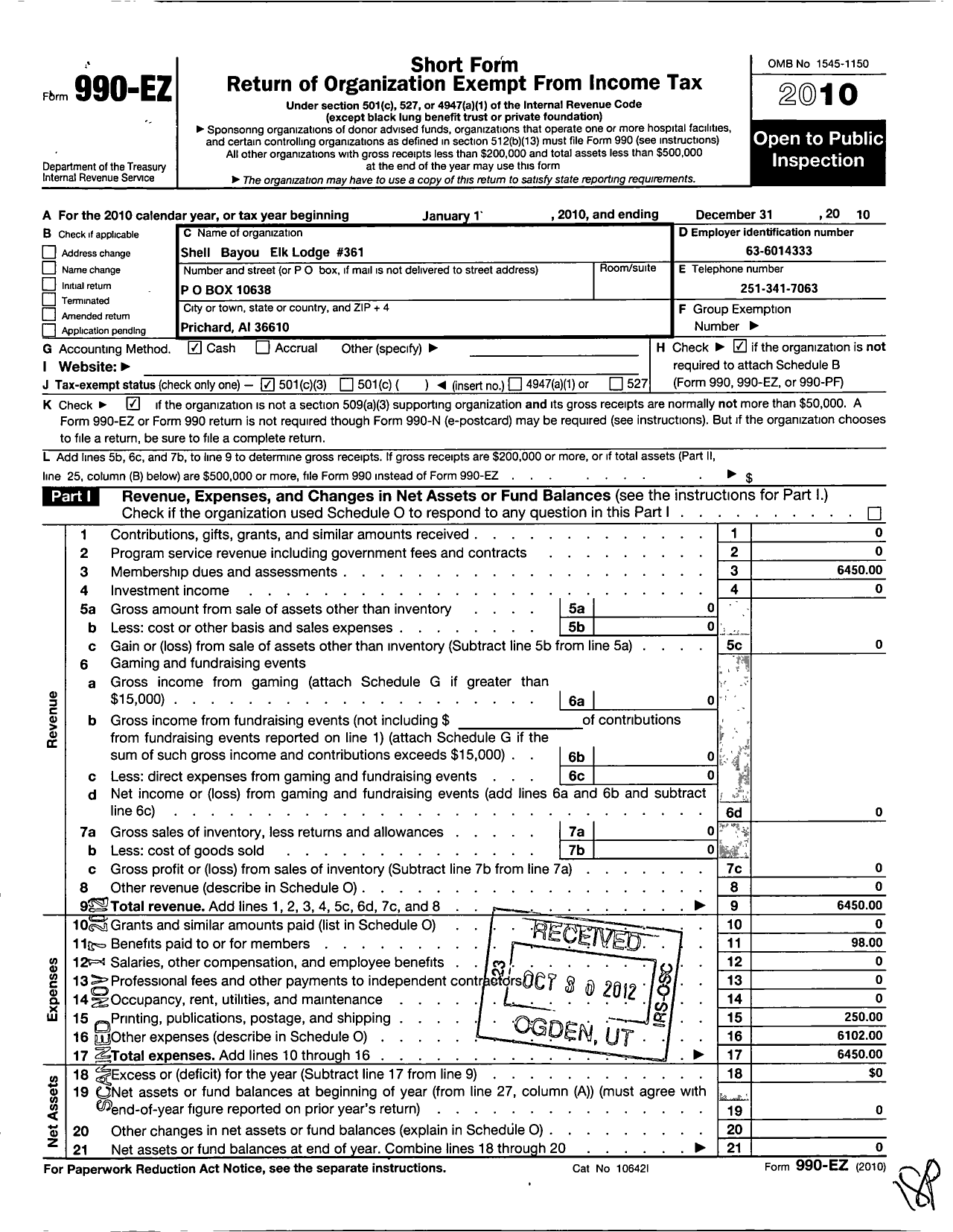 Image of first page of 2010 Form 990EZ for Shell Bayou Lodge 361