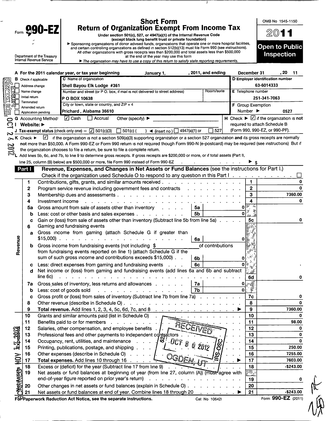 Image of first page of 2011 Form 990EZ for Shell Bayou Lodge 361