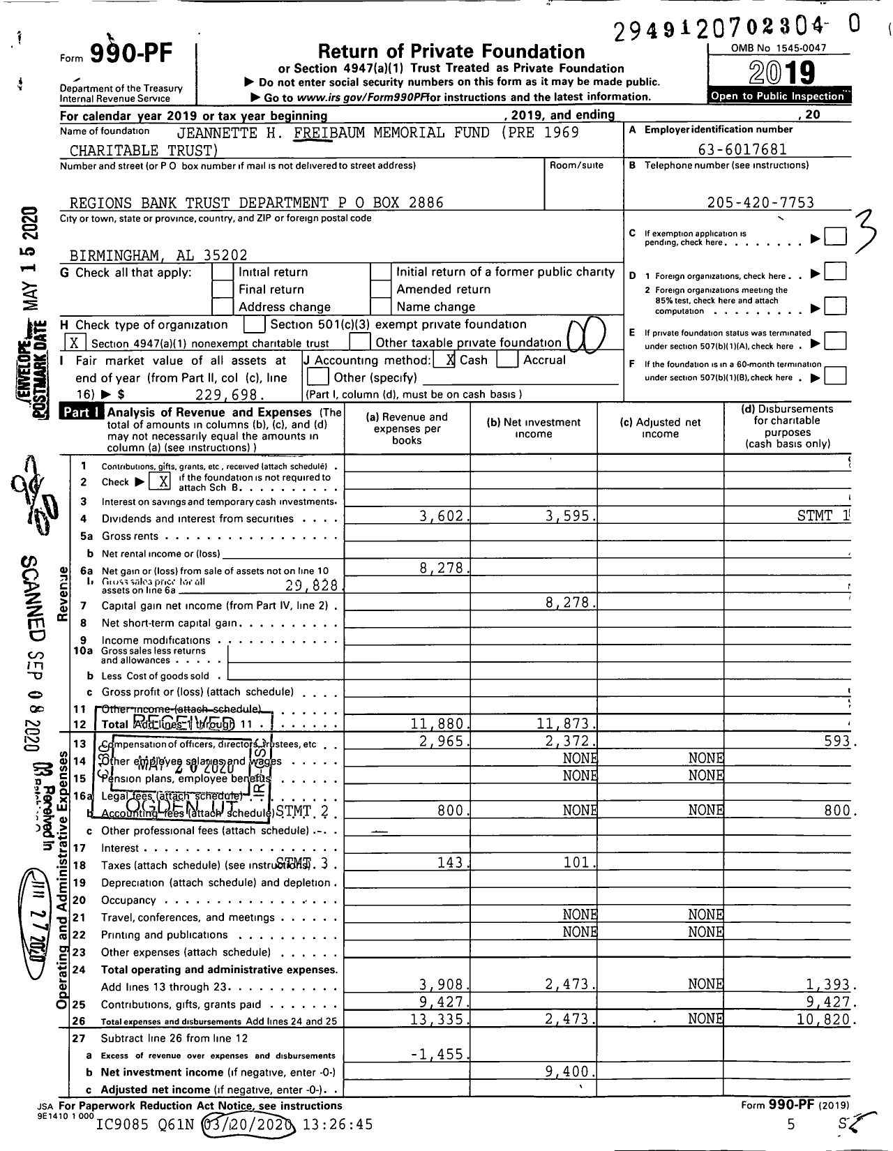 Image of first page of 2019 Form 990PR for Jeannette H Freibaum Memorial Fund (Pre 1969)