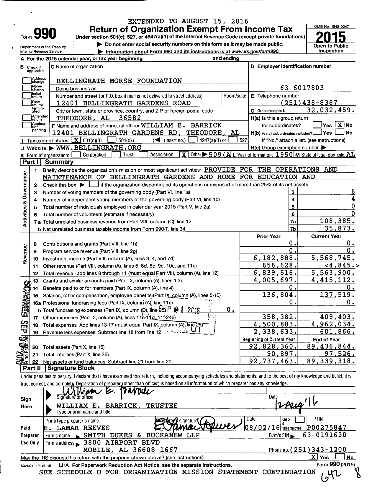 Image of first page of 2015 Form 990 for Bellingrath-Morse Foundation
